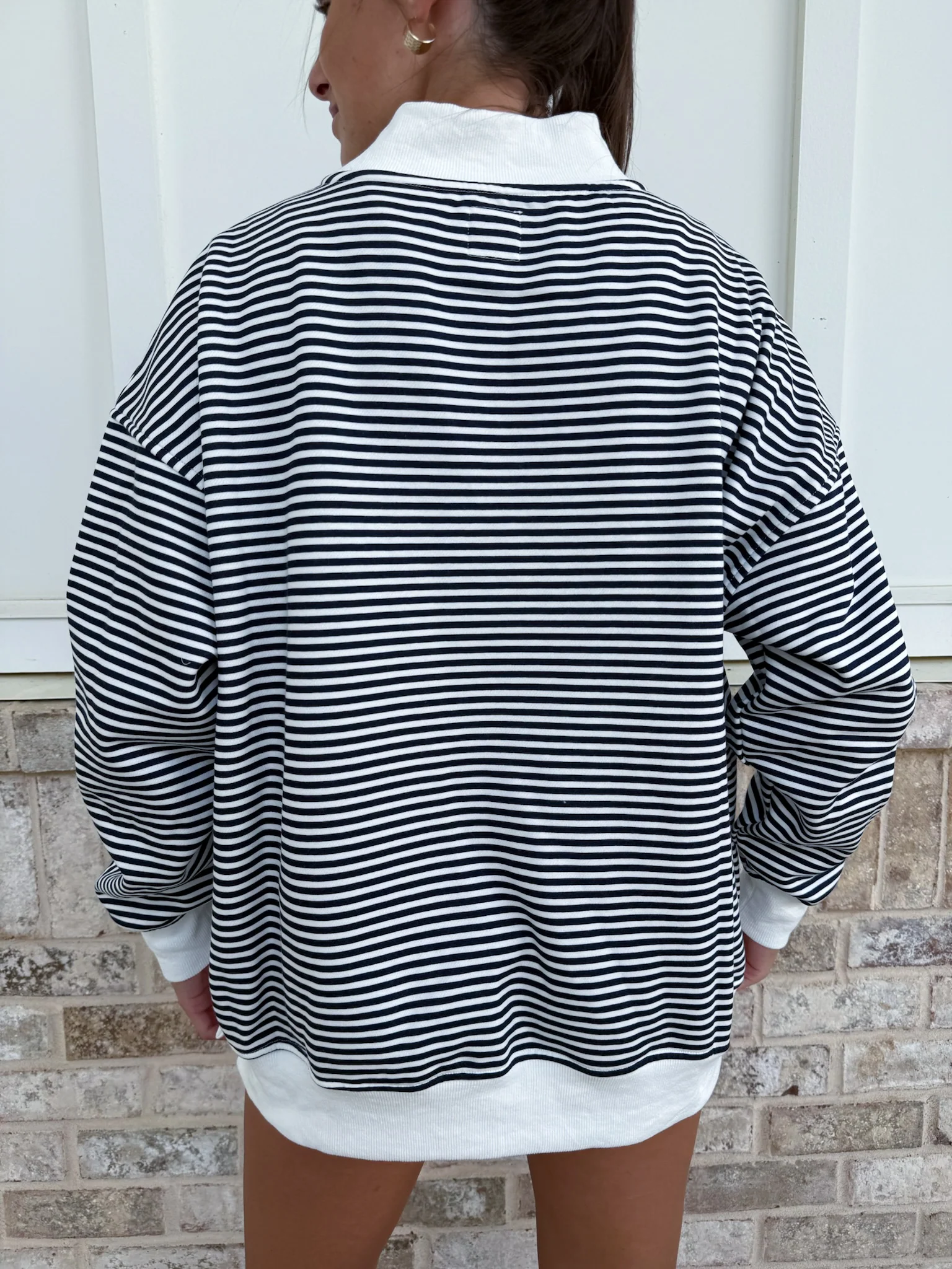 Dark Navy Blue and White Big Striped Mockneck Sweatshirt - Image 15