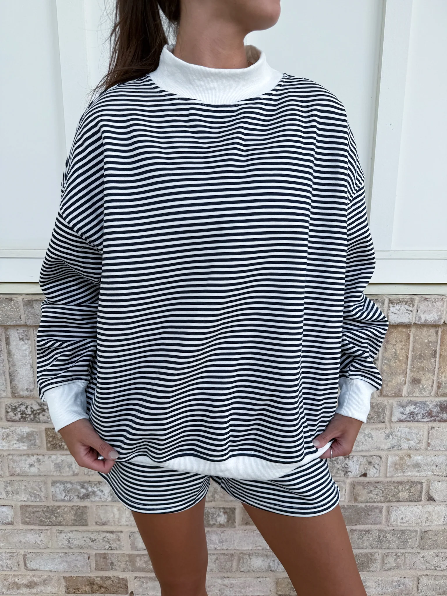 Dark Navy Blue and White Big Striped Mockneck Sweatshirt - Image 16