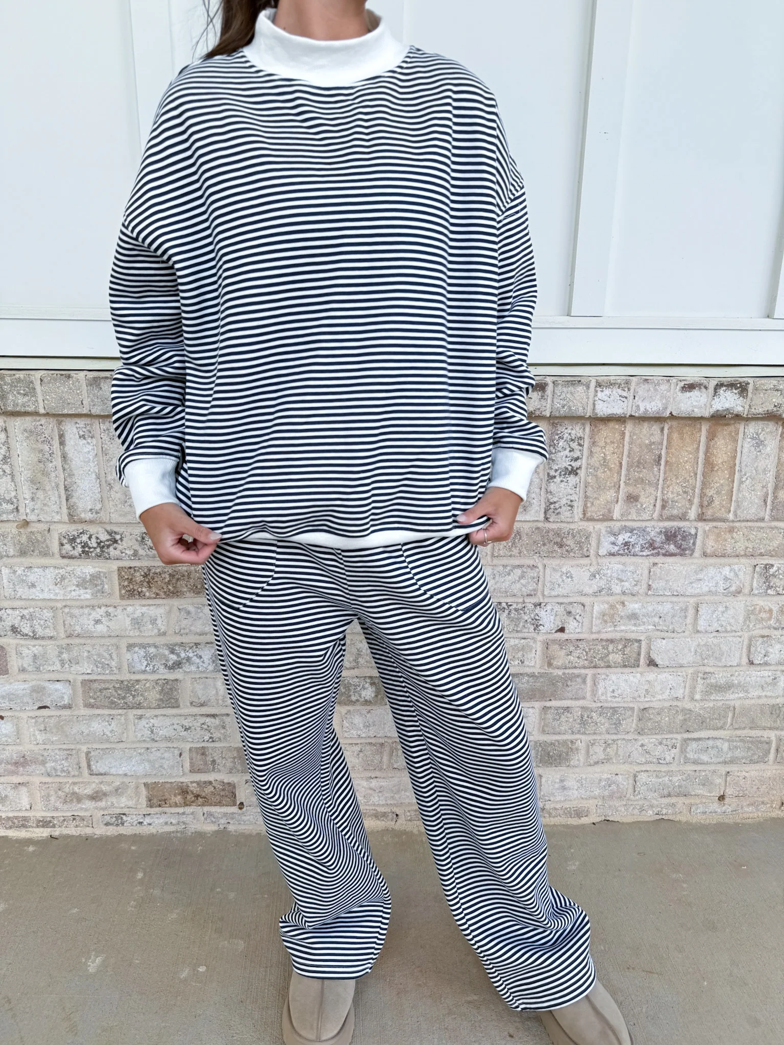 Dark Navy Blue and White Big Striped Mockneck Sweatshirt - Image 18