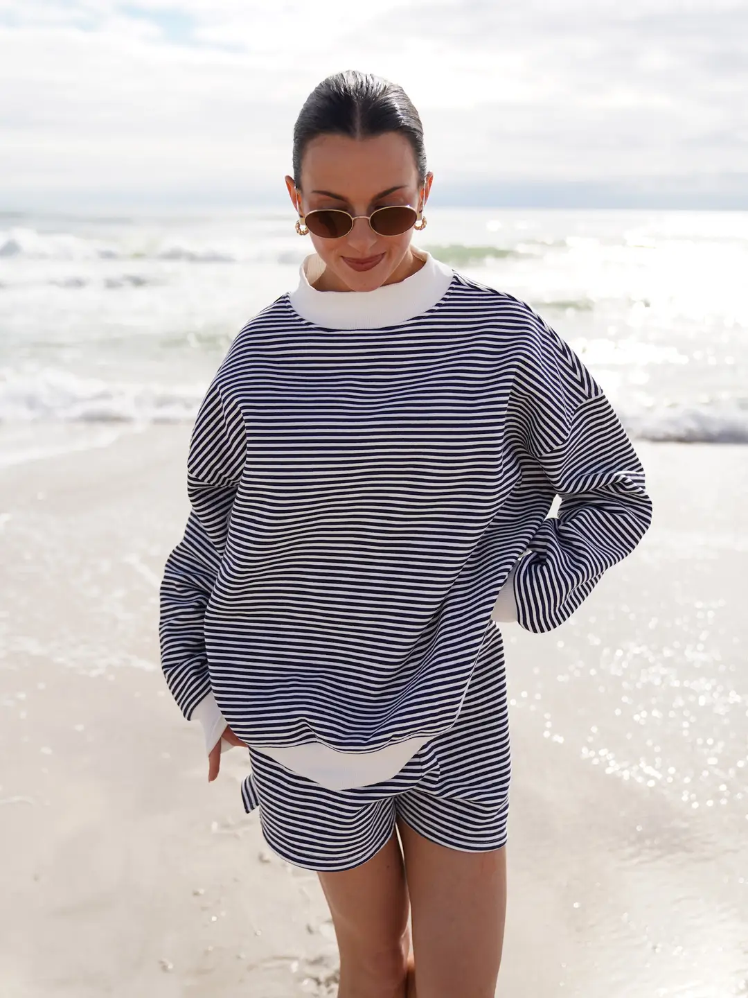 Dark Navy Blue and White Big Striped Mockneck Sweatshirt - Image 2