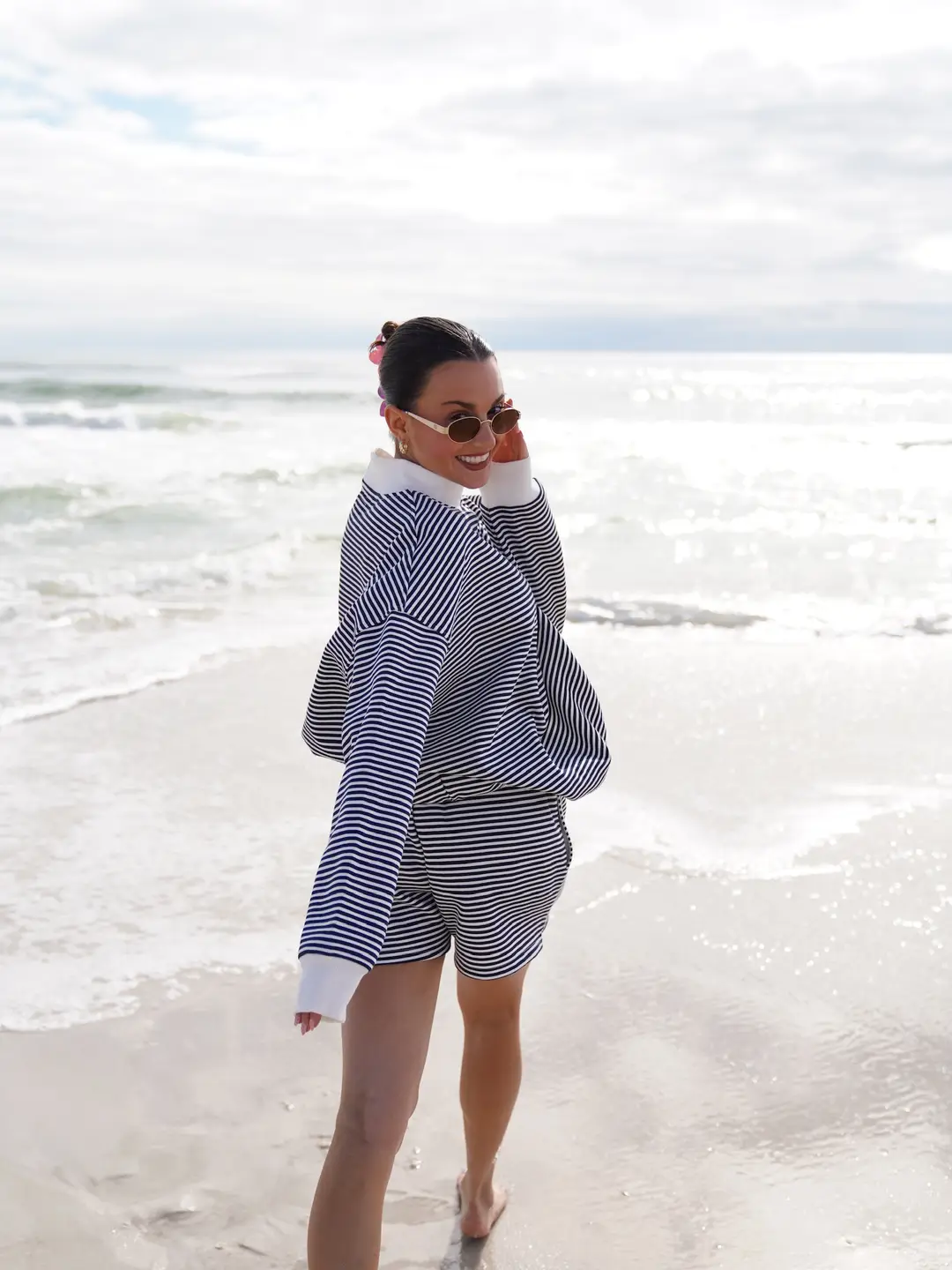 Dark Navy Blue and White Big Striped Mockneck Sweatshirt - Image 3