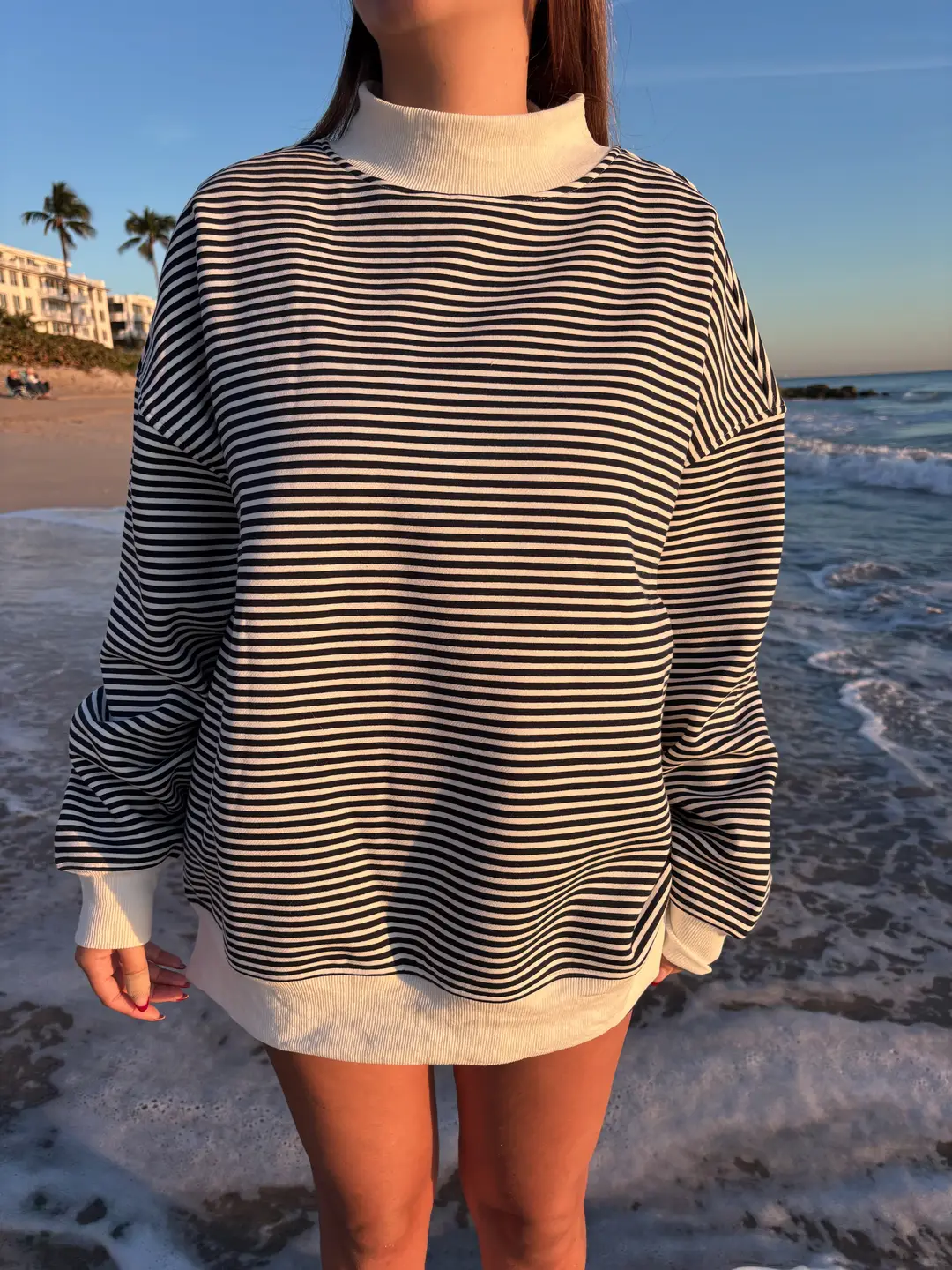 Dark Navy Blue and White Big Striped Mockneck Sweatshirt - Image 4