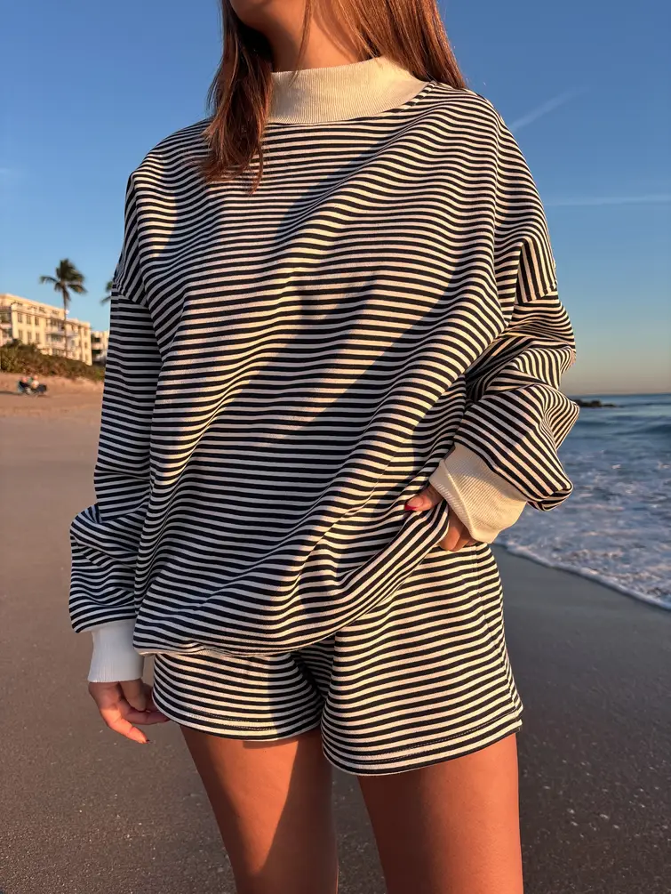 Dark Navy Blue and White Big Striped Mockneck Sweatshirt - Image 5