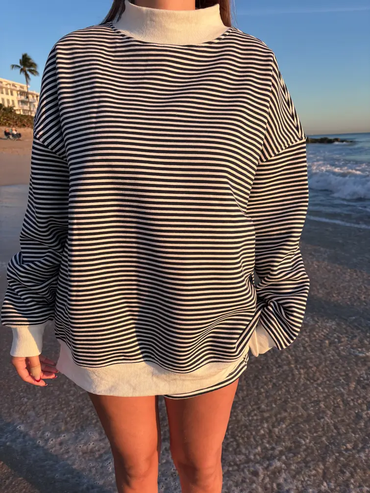Dark Navy Blue and White Big Striped Mockneck Sweatshirt - Image 9