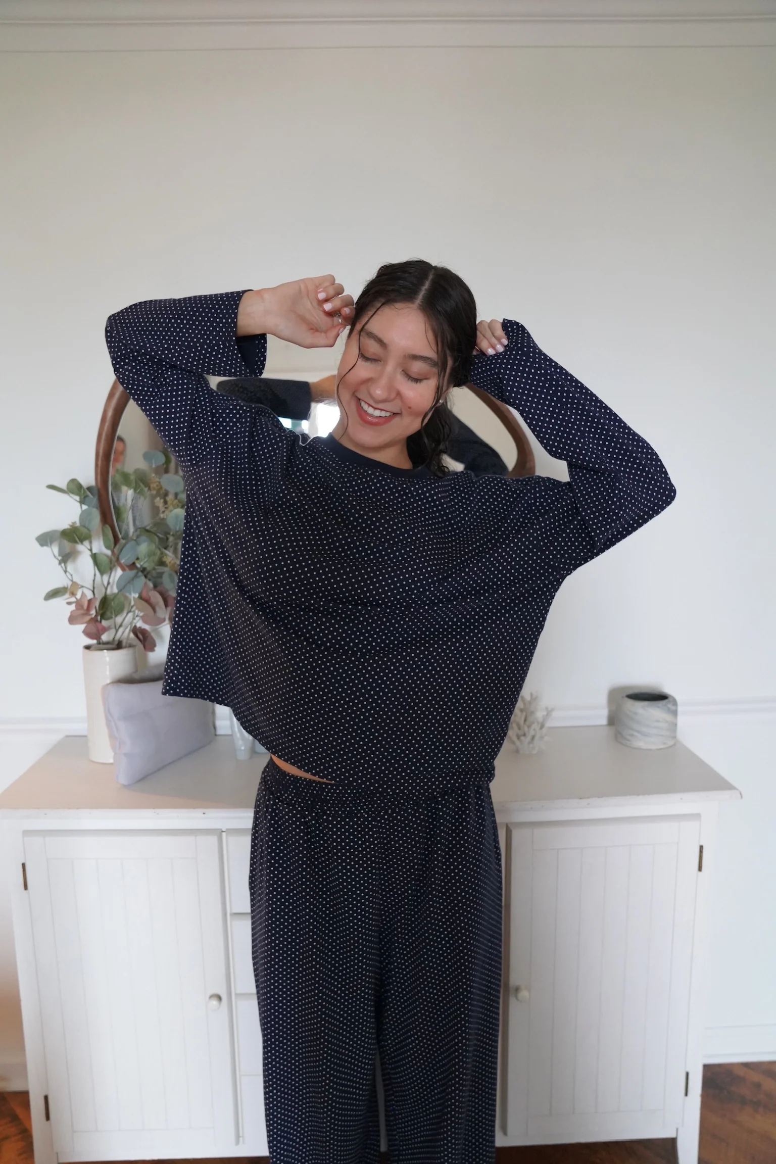 Navy Blue Polka Dot Loungewear Long Sleeve Top - Image 12