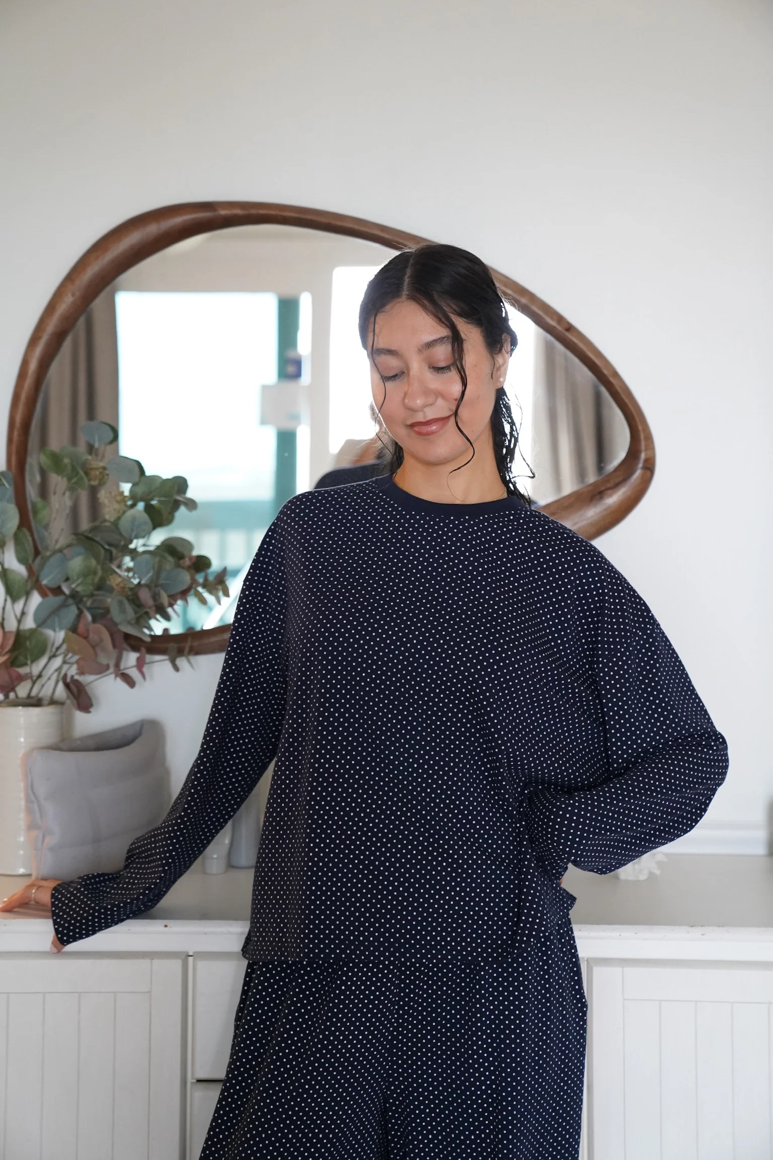 Navy Blue Polka Dot Loungewear Long Sleeve Top - Image 13