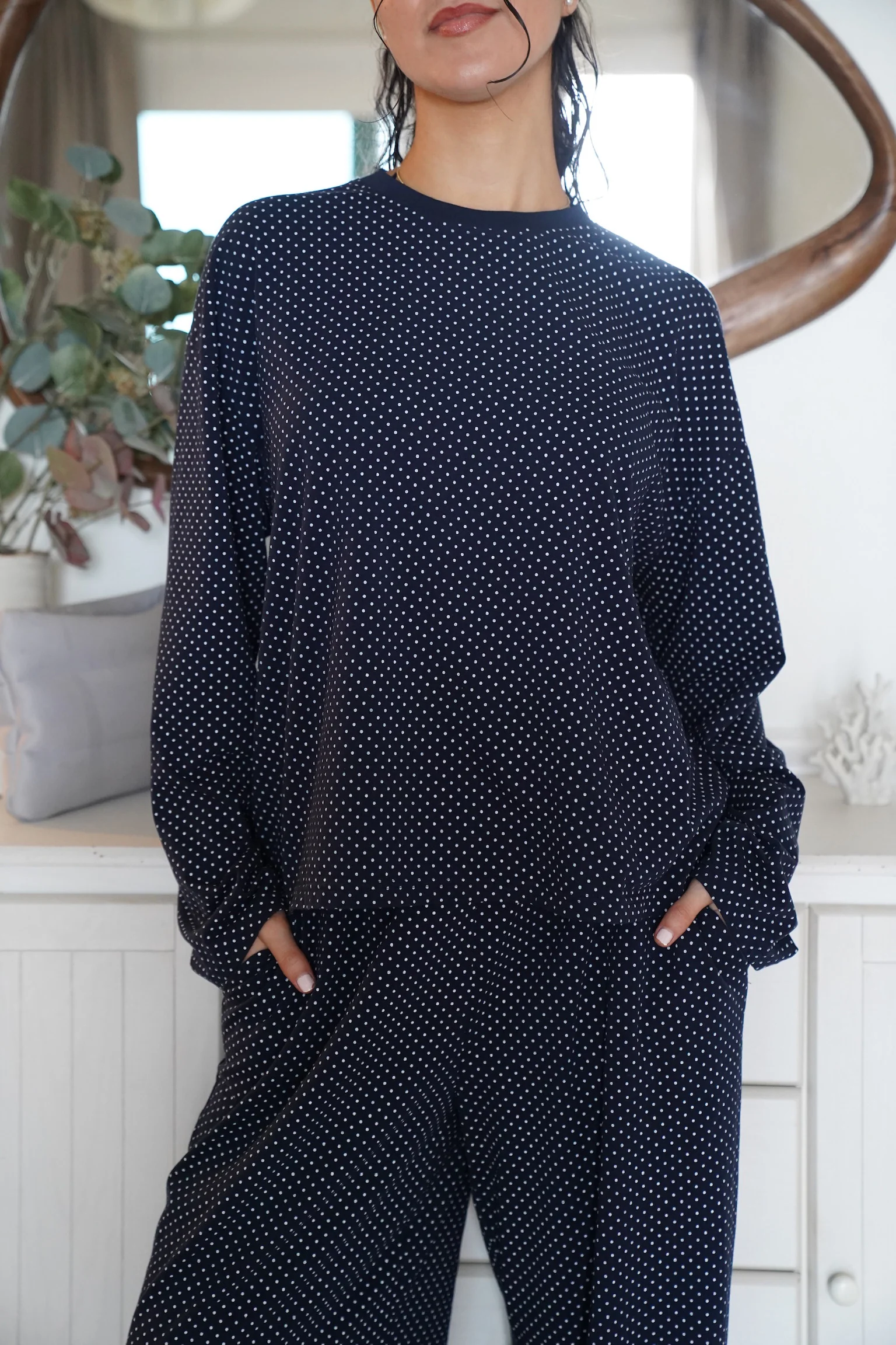 Navy Blue Polka Dot Loungewear Long Sleeve Top - Image 17
