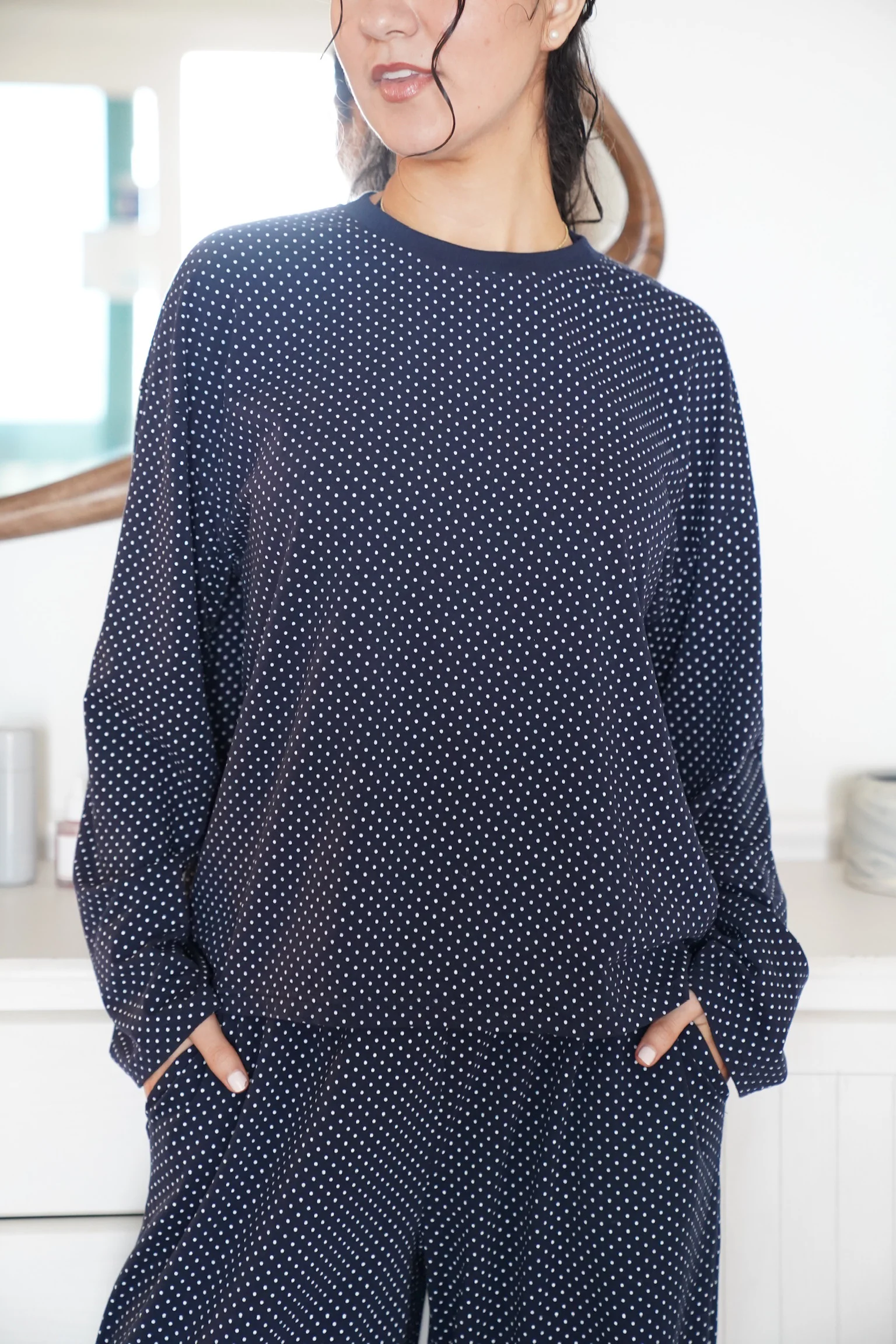 Navy Blue Polka Dot Loungewear Long Sleeve Top - Image 18