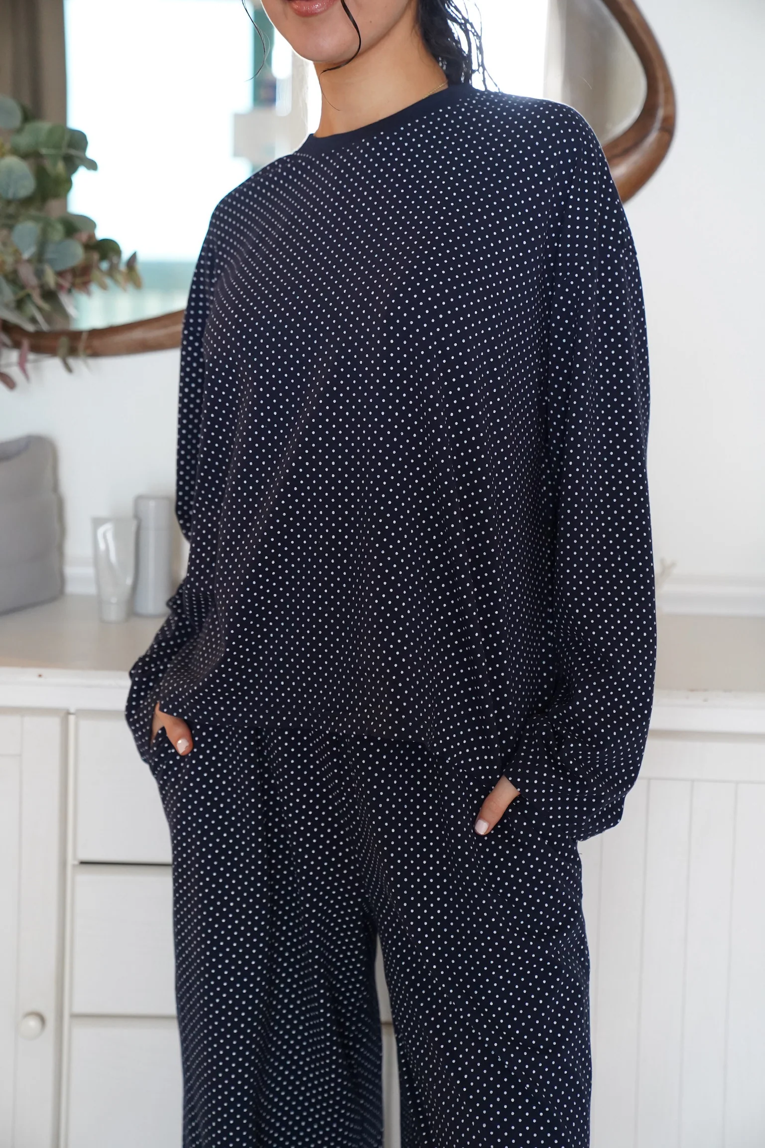 Navy Blue Polka Dot Loungewear Long Sleeve Top - Image 3