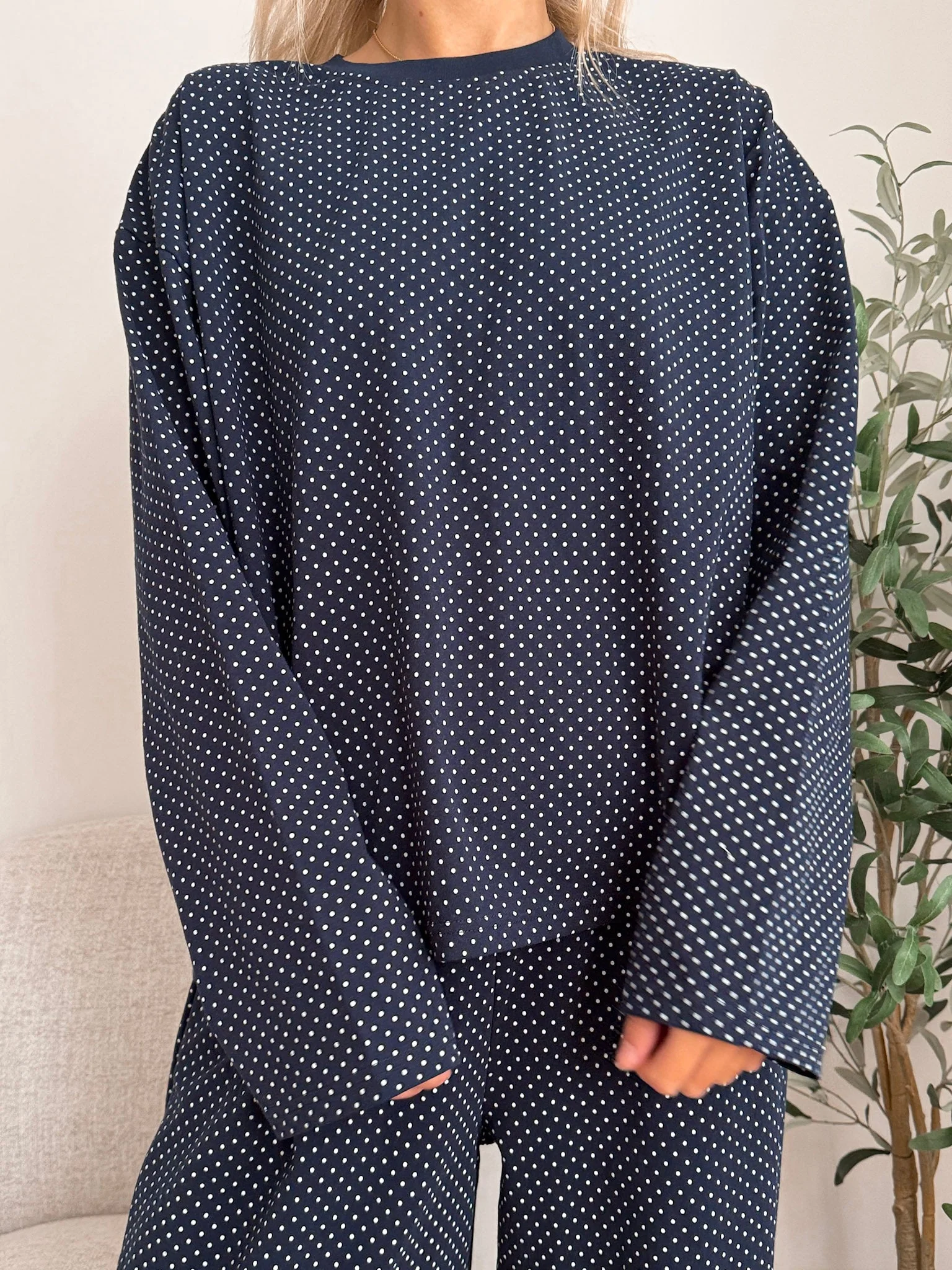 Navy Blue Polka Dot Loungewear Long Sleeve Top - Image 4