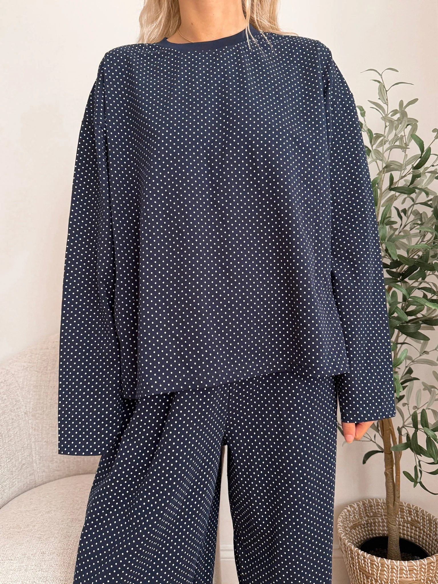 Navy Blue Polka Dot Loungewear Long Sleeve Top - Image 5