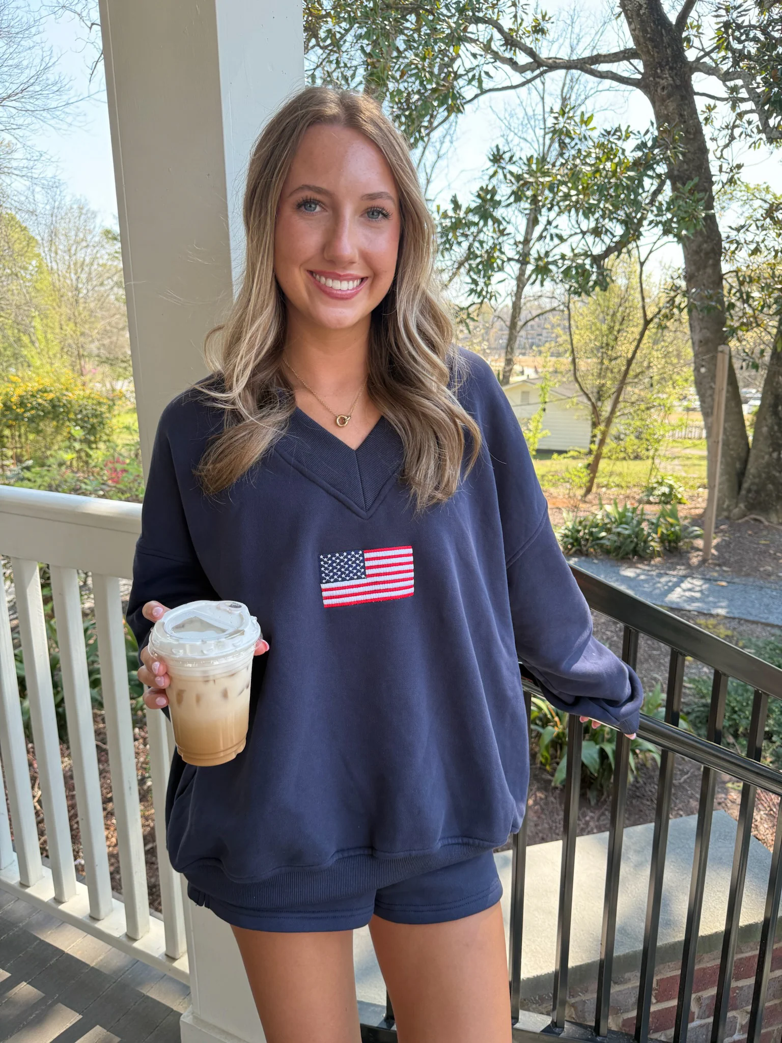 American Flag Embroider V-Neck Sweatshirt - Image 12