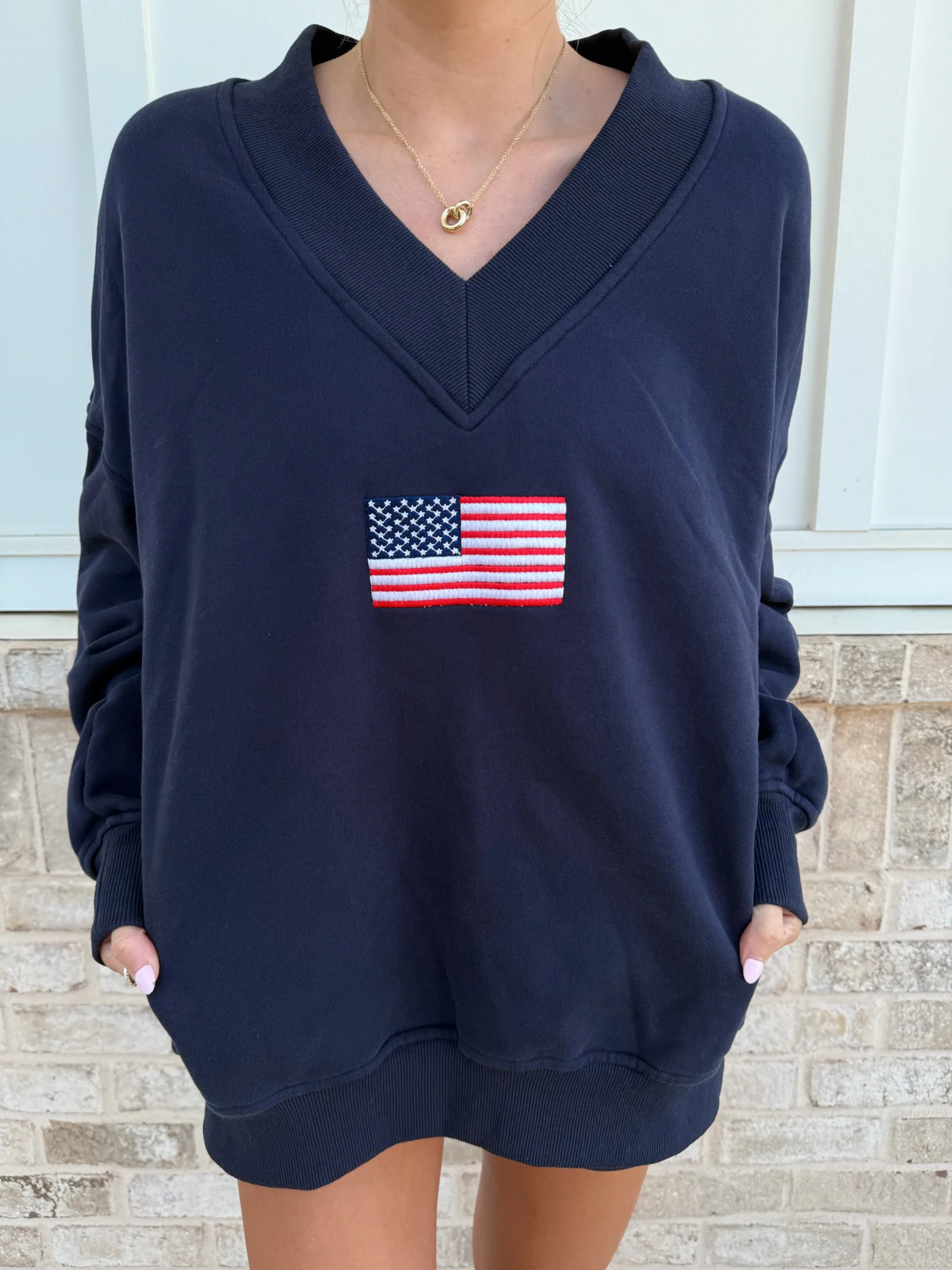 American Flag Embroider V-Neck Sweatshirt - Image 18