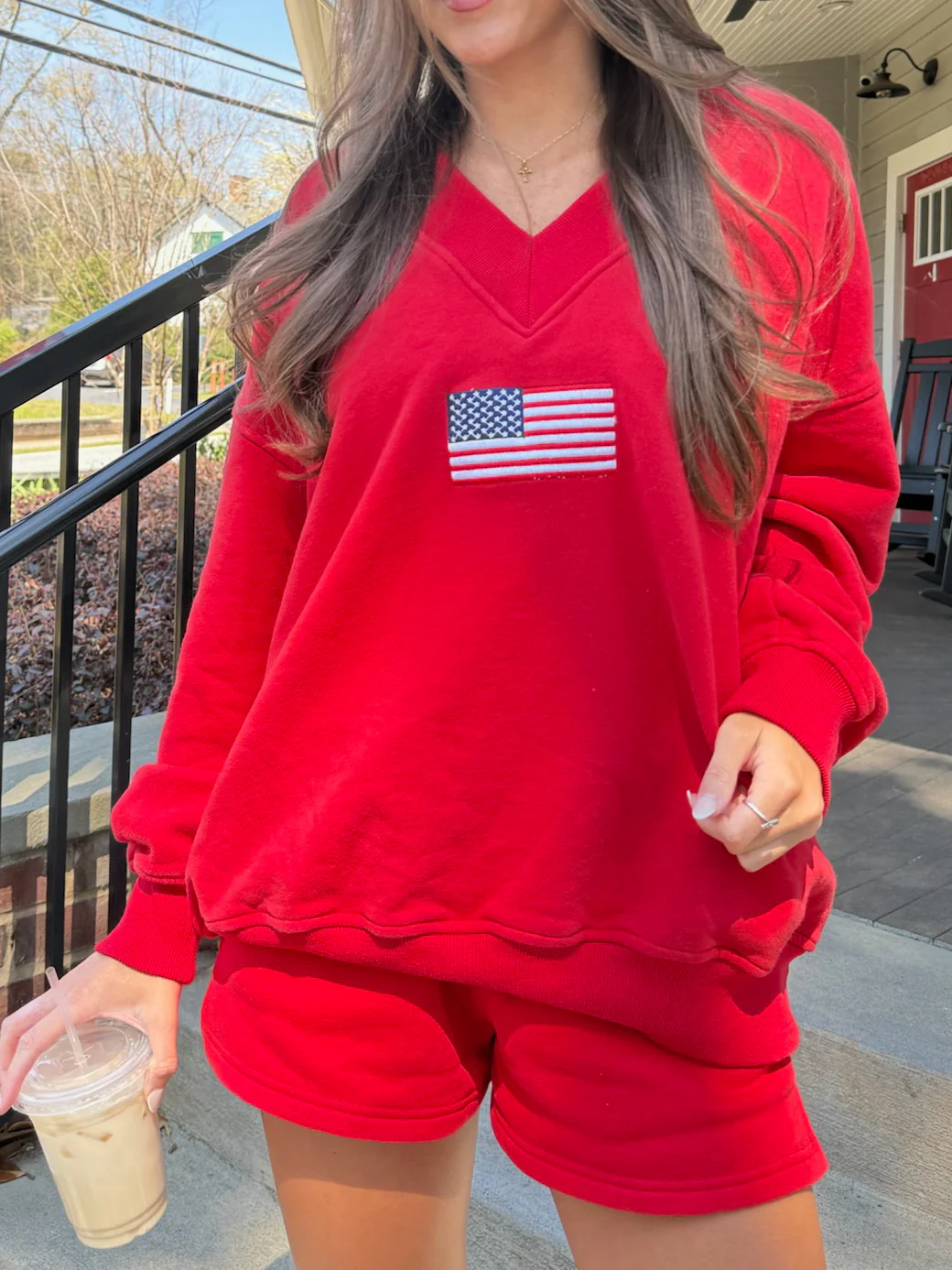 American Flag Embroider V-Neck Sweatshirt - Image 21
