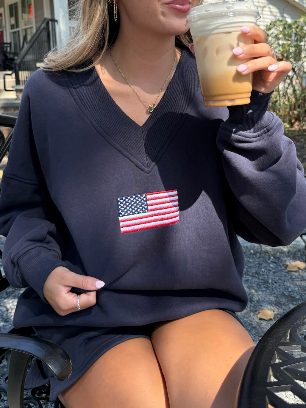 American Flag Embroider V-Neck Sweatshirt - Image 30