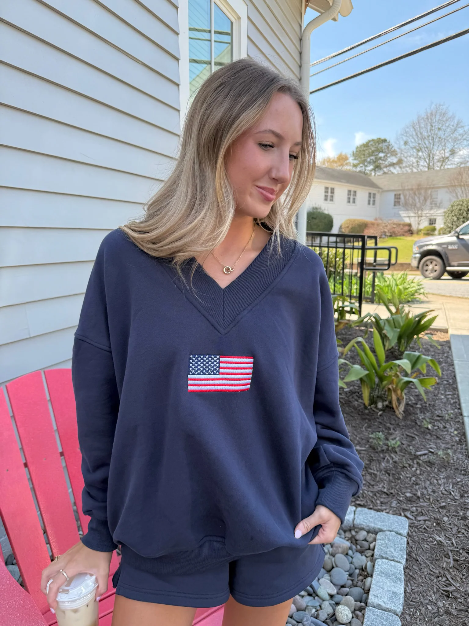American Flag Embroider V-Neck Sweatshirt - Image 7
