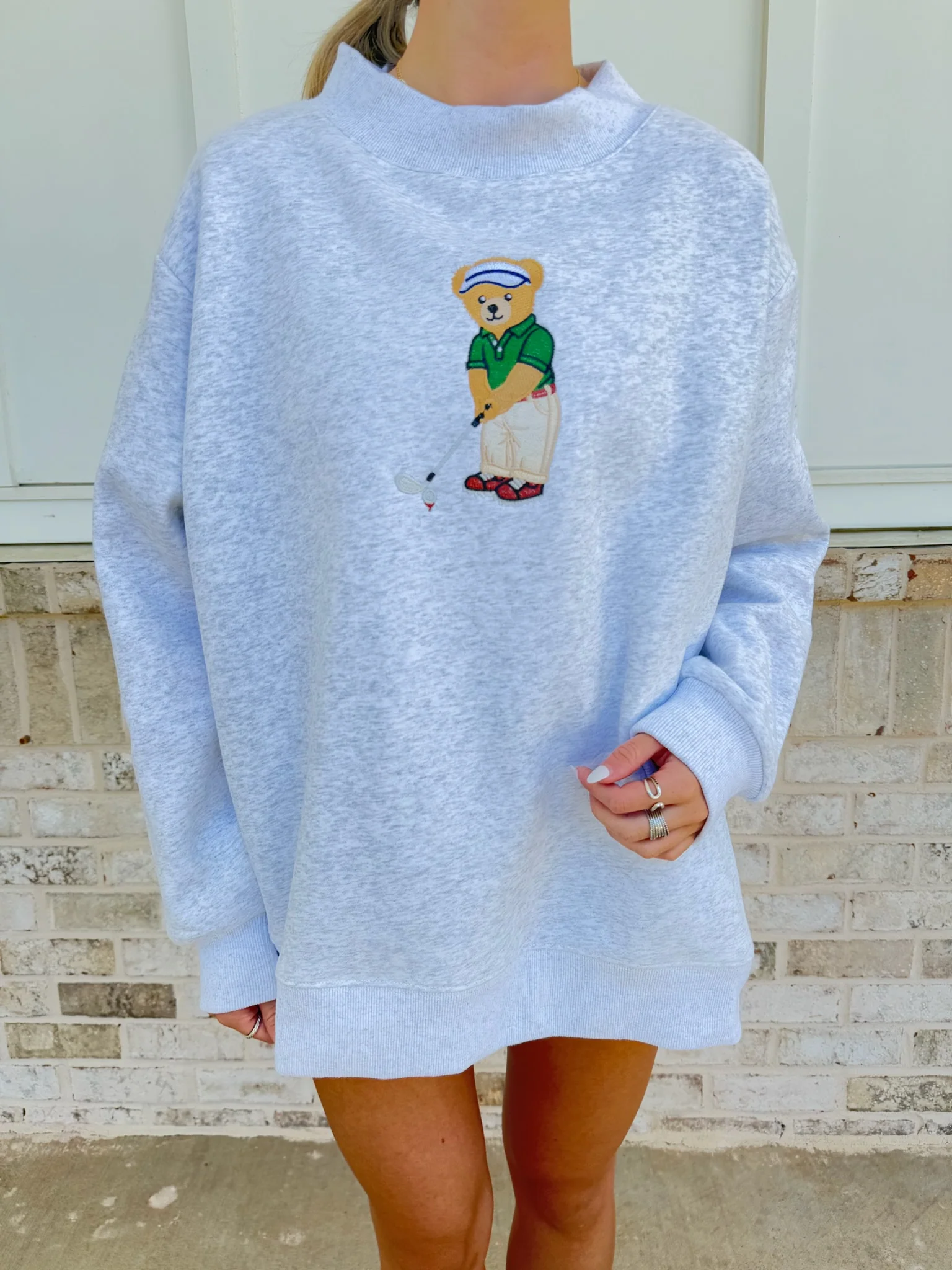 Pearl Grey Classic Teddy Bear Golf Embroider Mockneck Sweatshirt - Image 2