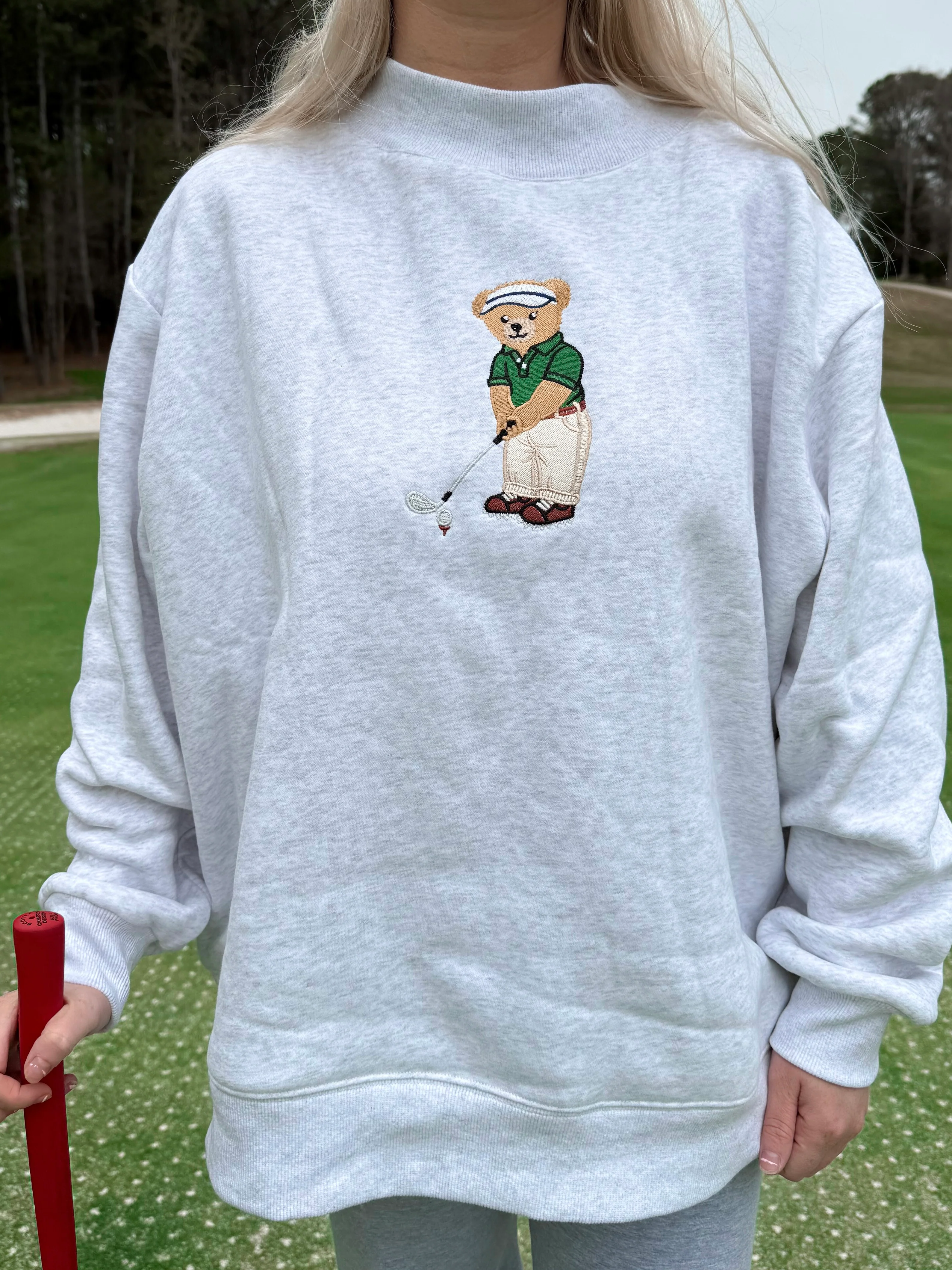 Pearl Grey Classic Teddy Bear Golf Embroider Mockneck Sweatshirt - Image 4