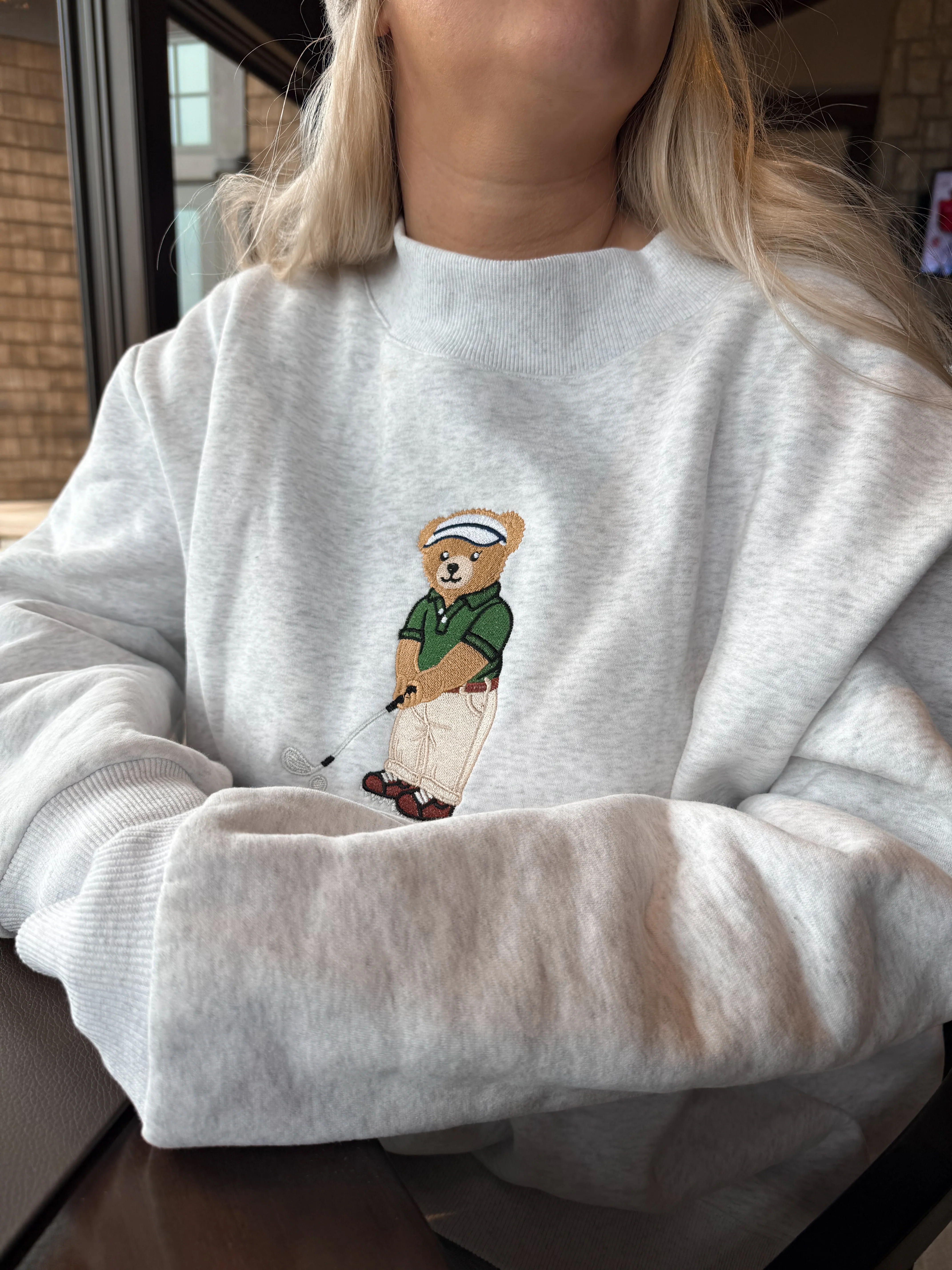 Pearl Grey Classic Teddy Bear Golf Embroider Mockneck Sweatshirt - Image 7