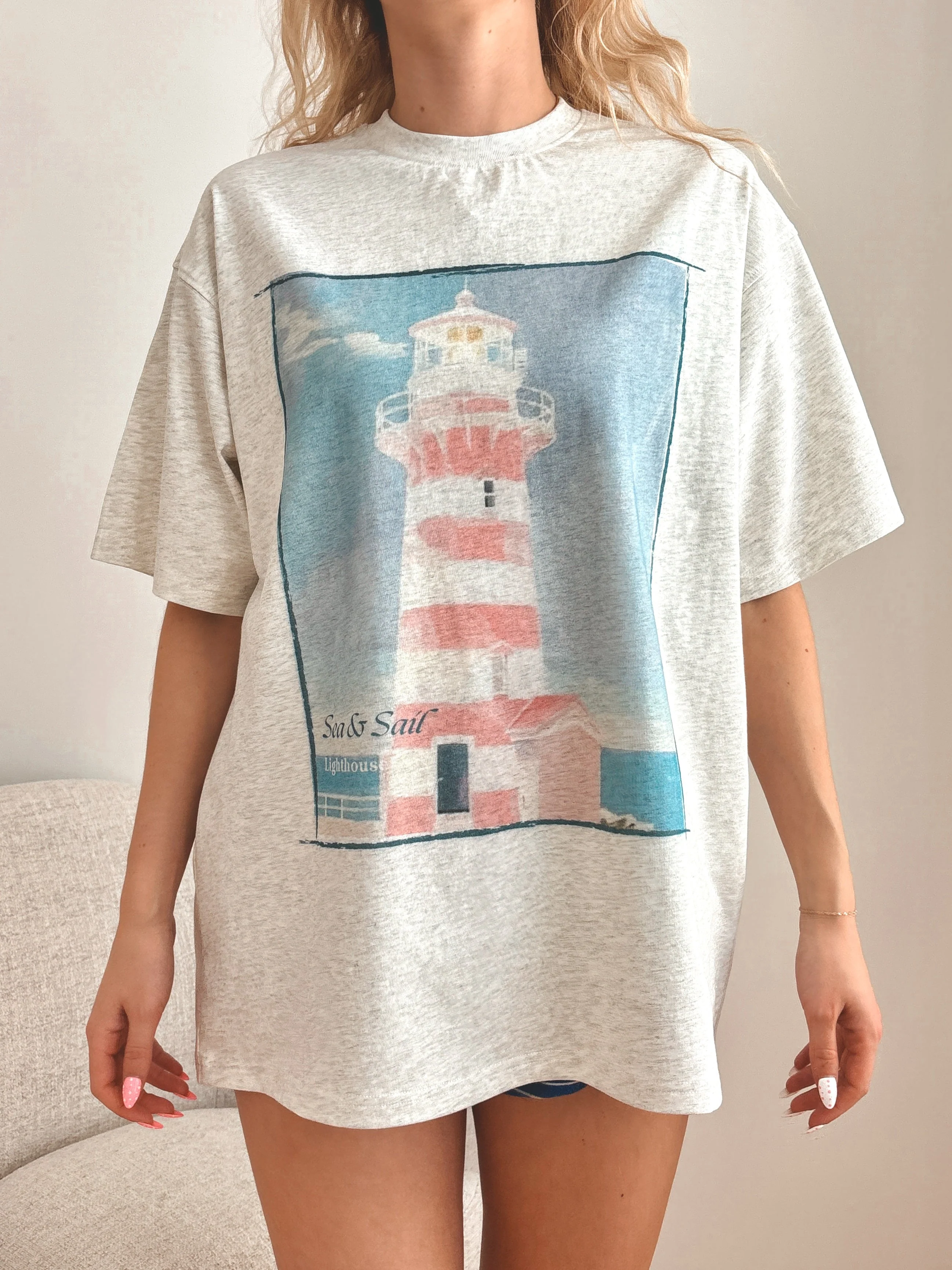Pearl Grey Coastal Lighthouse Printed Tee - Image 2