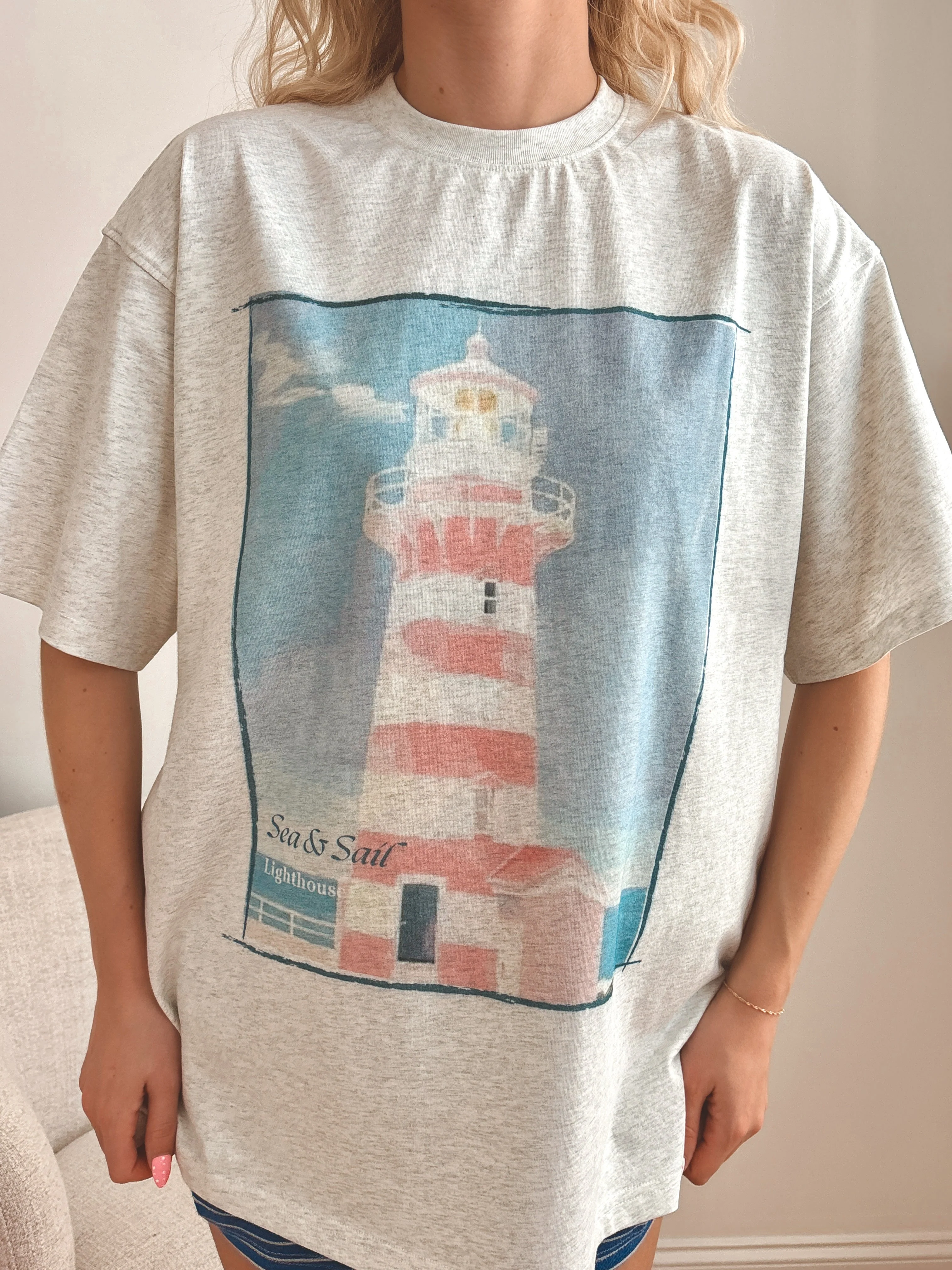 Pearl Grey Coastal Lighthouse Printed Tee - Image 3