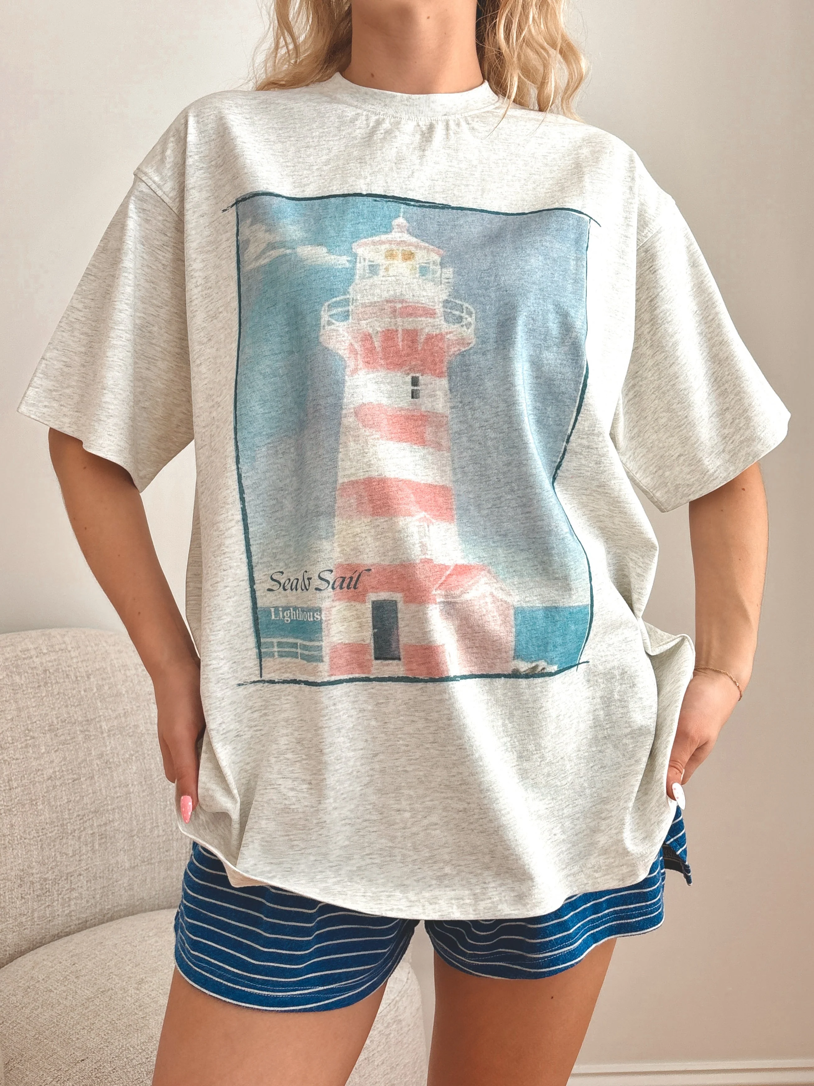 Pearl Grey Coastal Lighthouse Printed Tee - Image 4