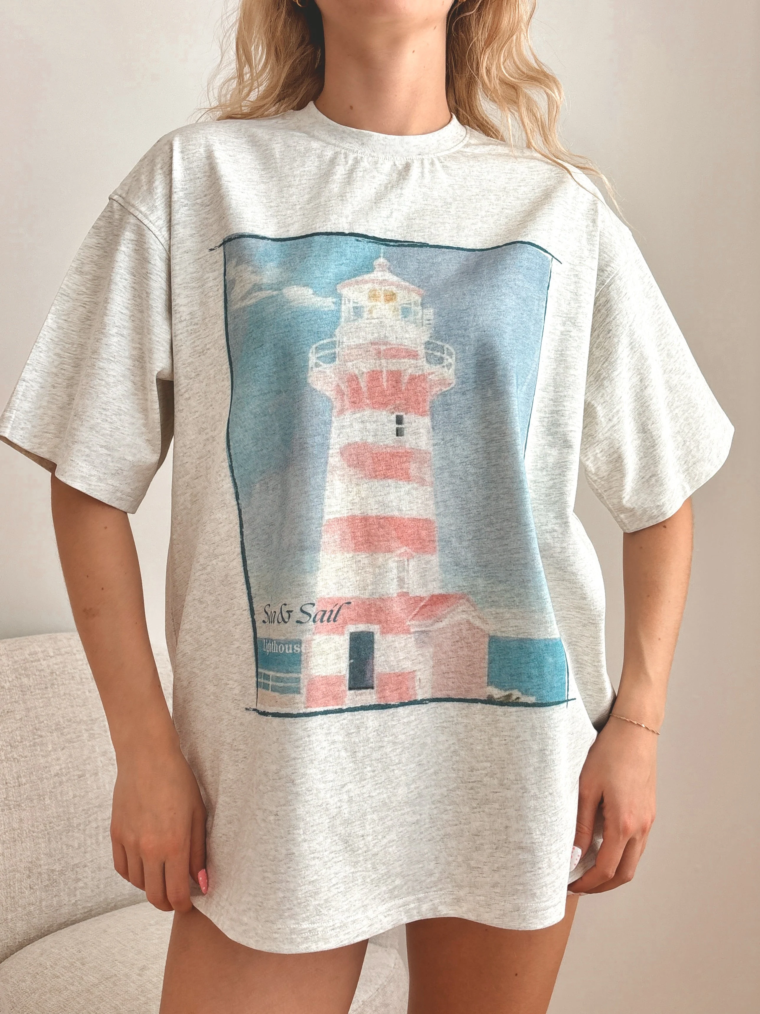 Pearl Grey Coastal Lighthouse Printed Tee - Image 6