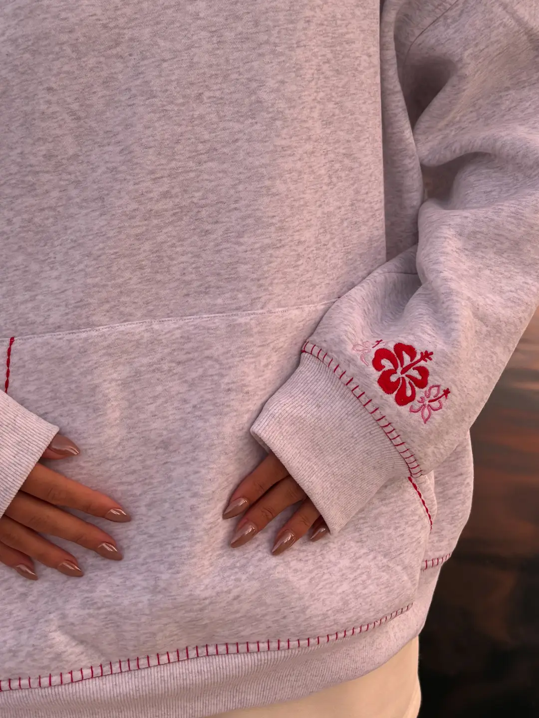 Pearl Grey Hibiscus Flowers Hoodie - Image 3