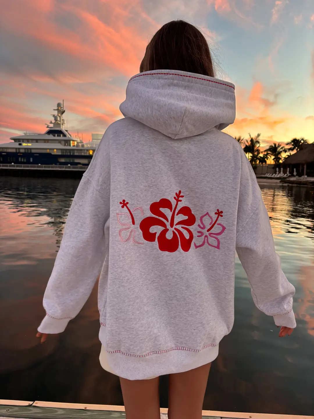 Pearl Grey Hibiscus Flowers Hoodie - Image 4
