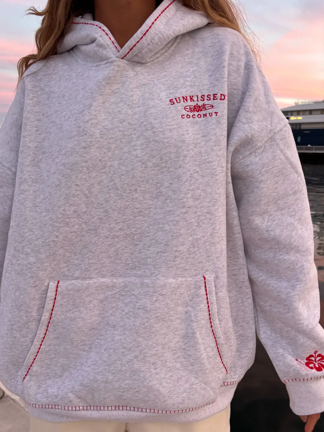 Pearl Grey Hibiscus Flowers Hoodie - Image 6