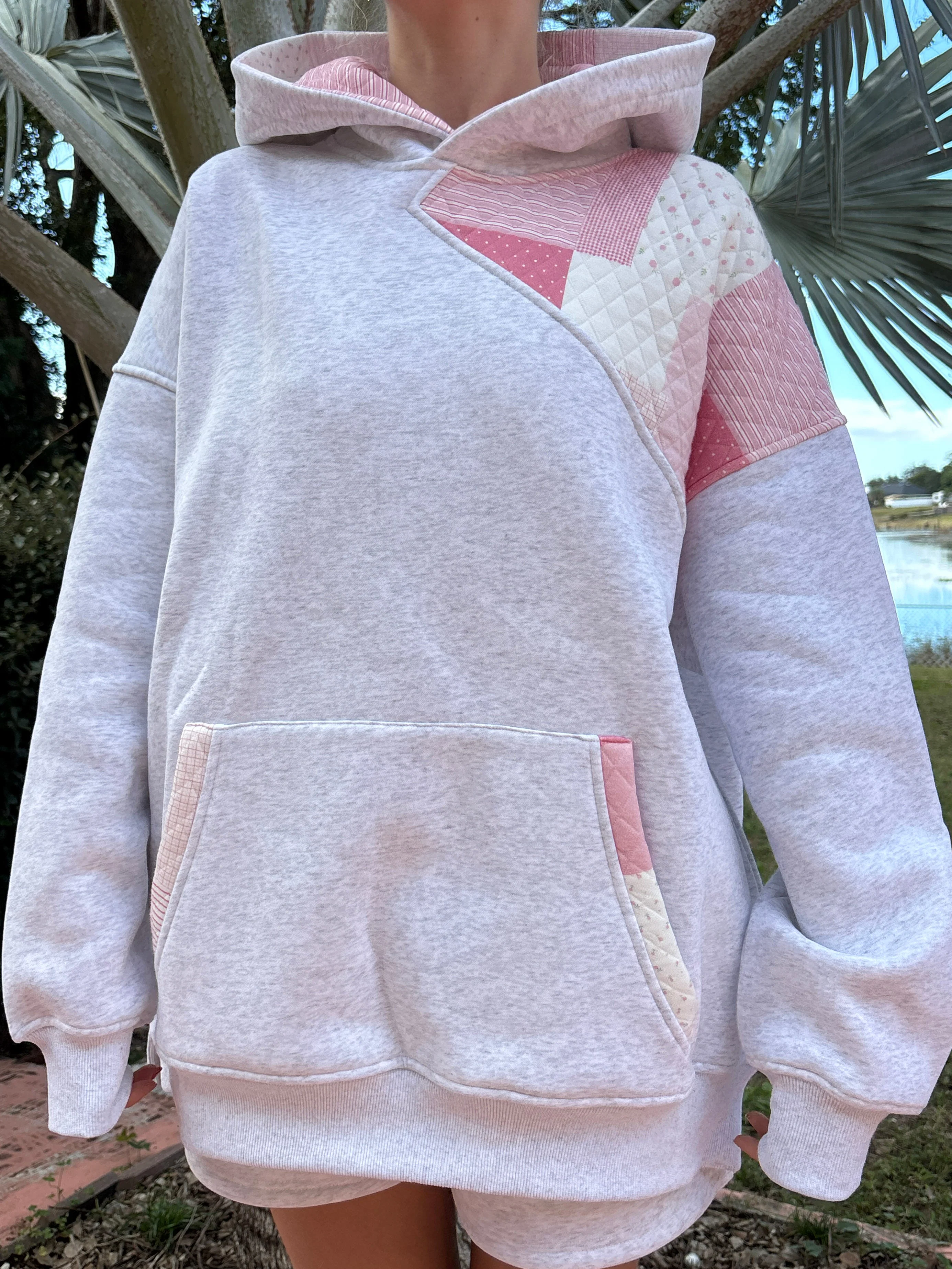 Pearl Grey Margo Quilted Patchwork Hoodie
