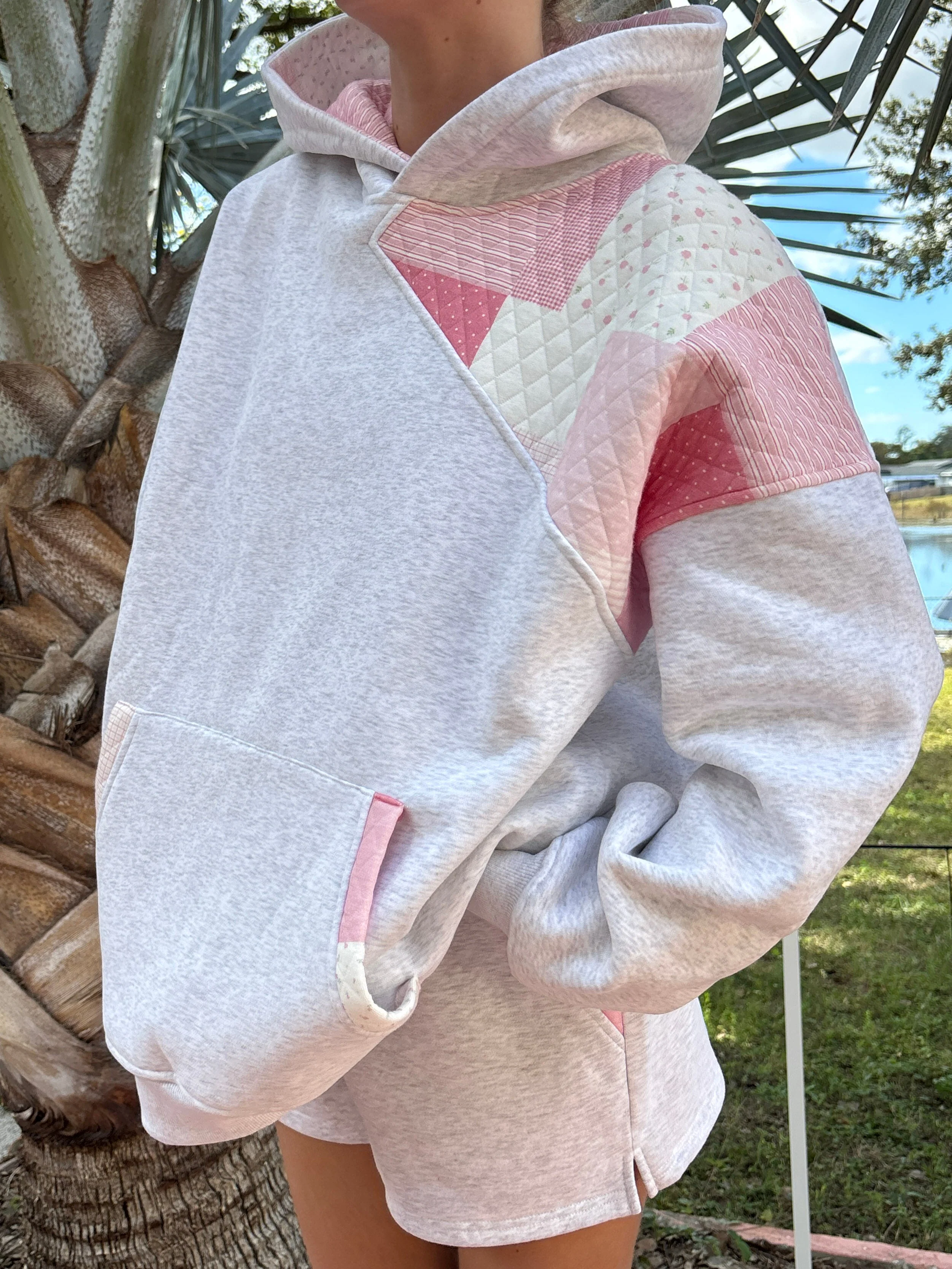 Pearl Grey Margo Quilted Patchwork Hoodie - Image 3