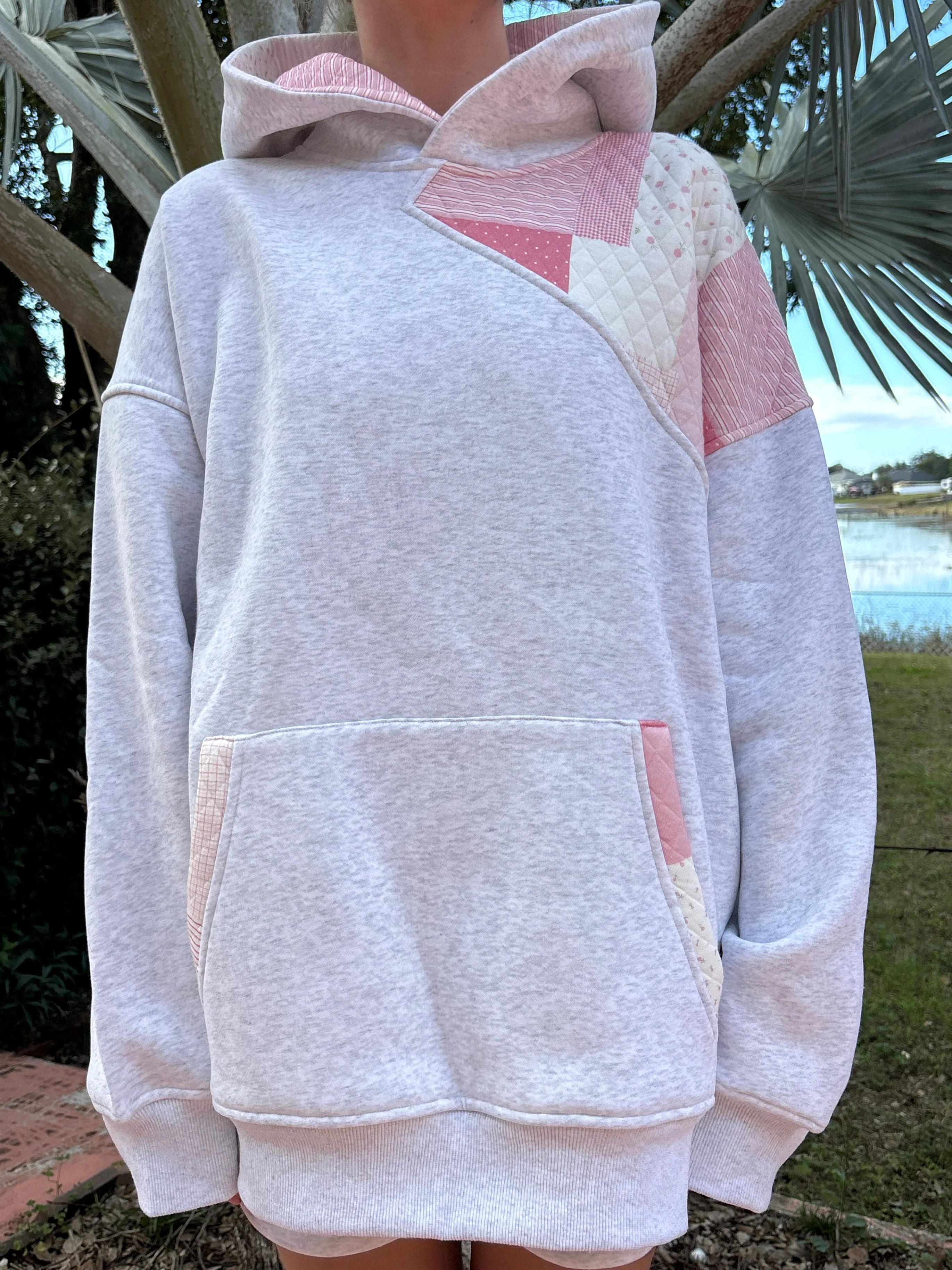 Pearl Grey Margo Quilted Patchwork Hoodie - Image 8