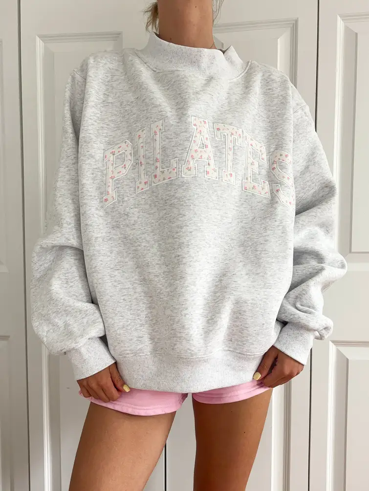 Pearl Grey Mockneck Pilates Embroider Sweatshirt - Image 11