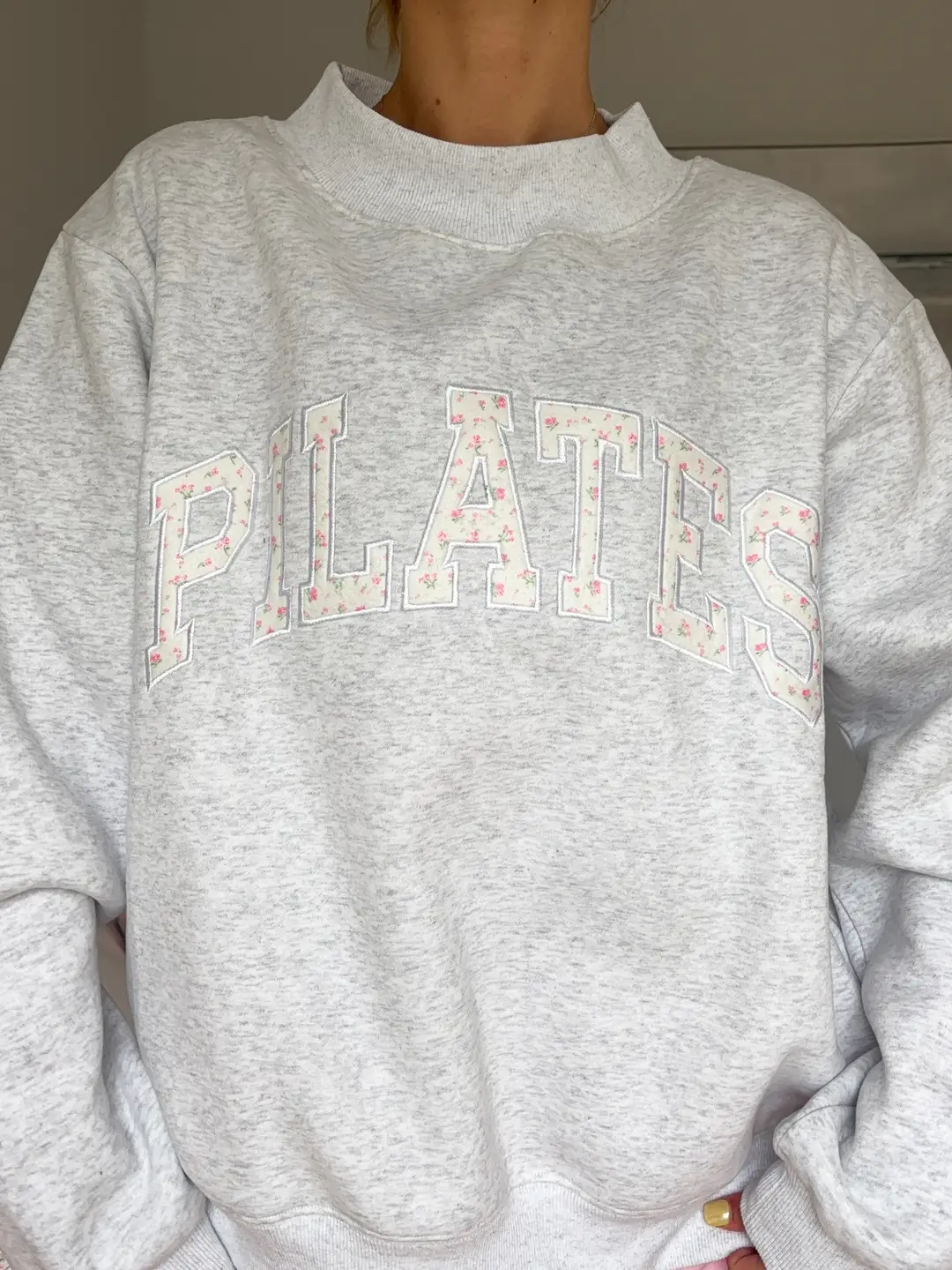 Pearl Grey Mockneck Pilates Embroider Sweatshirt - Image 13