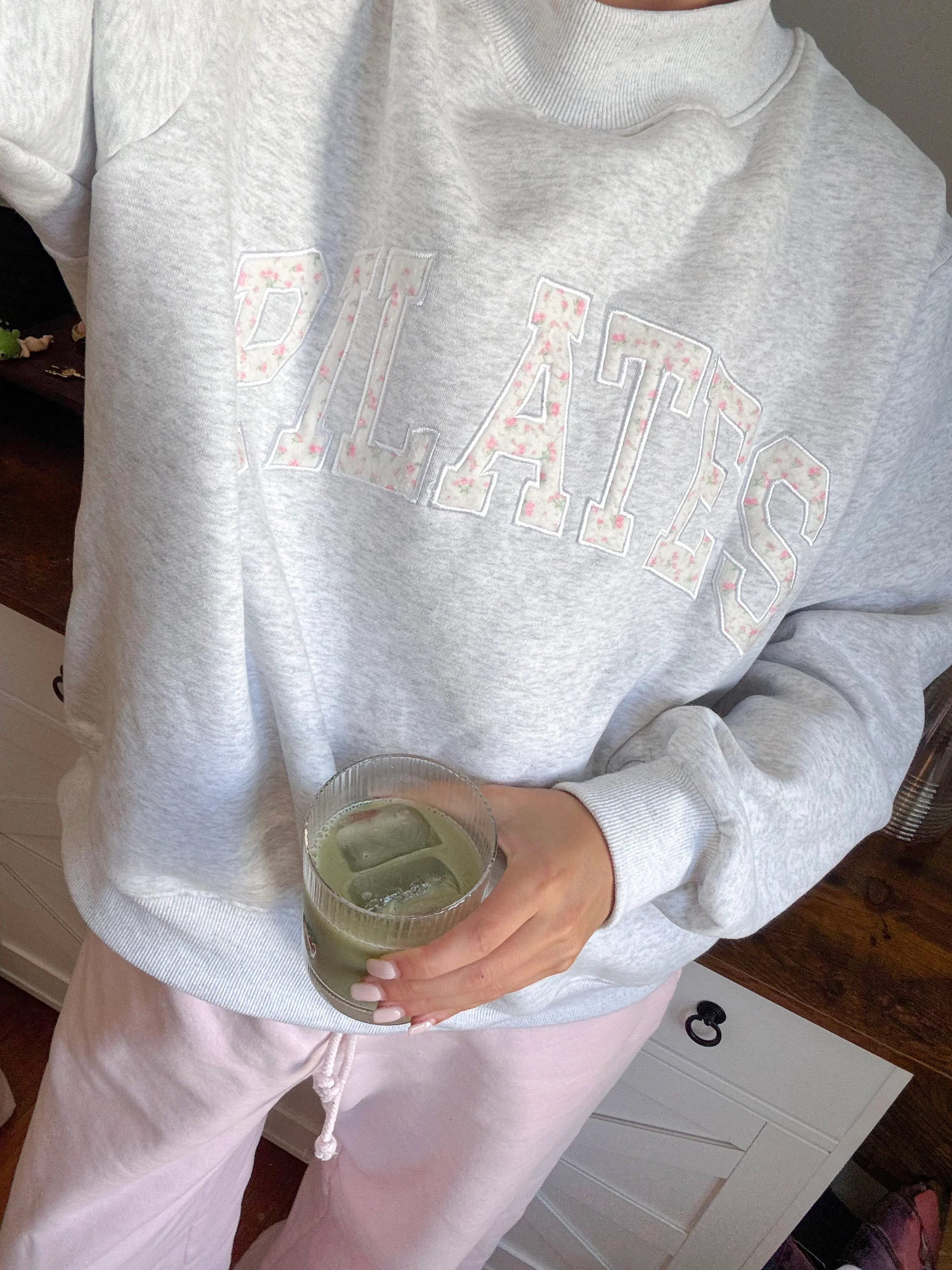 Pearl Grey Mockneck Pilates Embroider Sweatshirt - Image 16