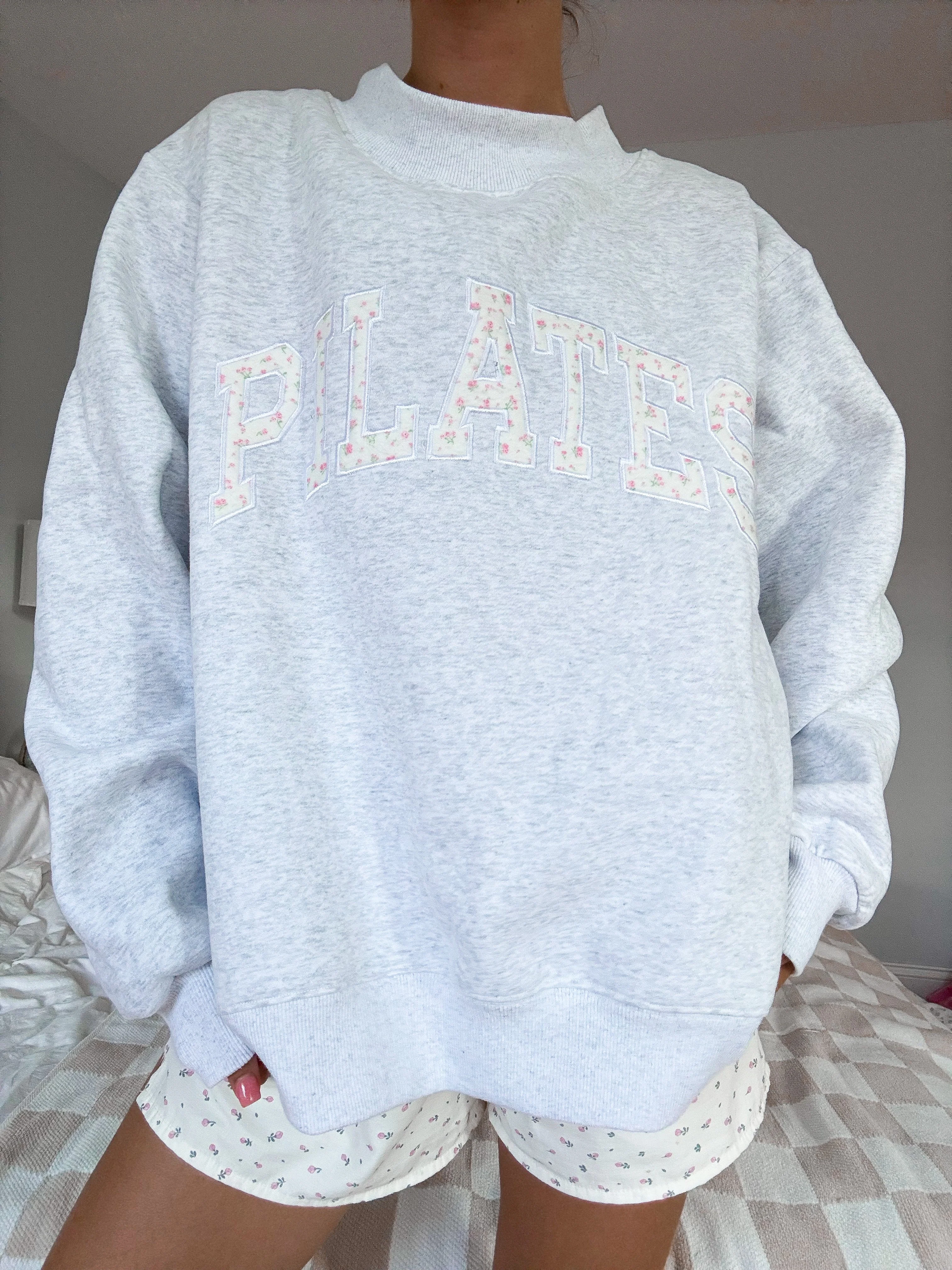 Pearl Grey Mockneck Pilates Embroider Sweatshirt - Image 5