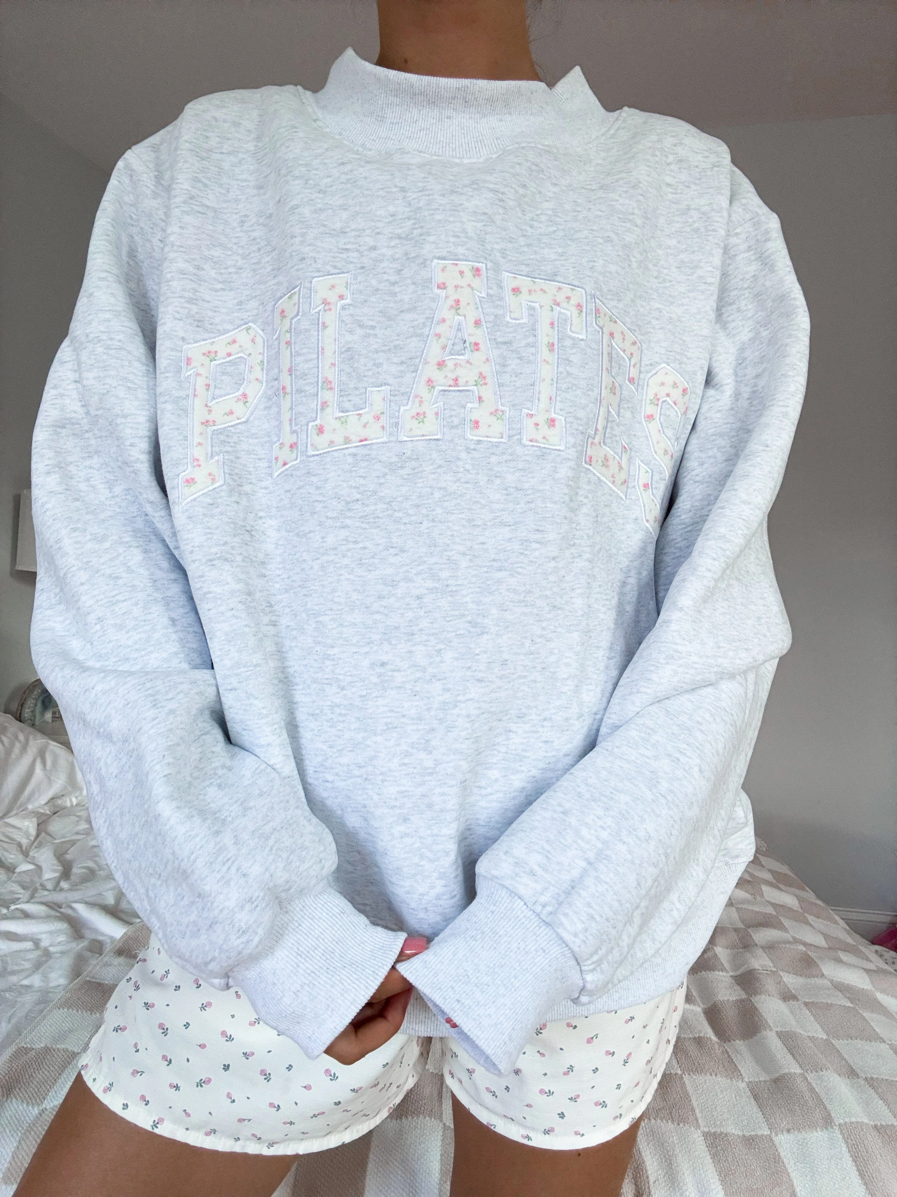 Pearl Grey Mockneck Pilates Embroider Sweatshirt - Image 6