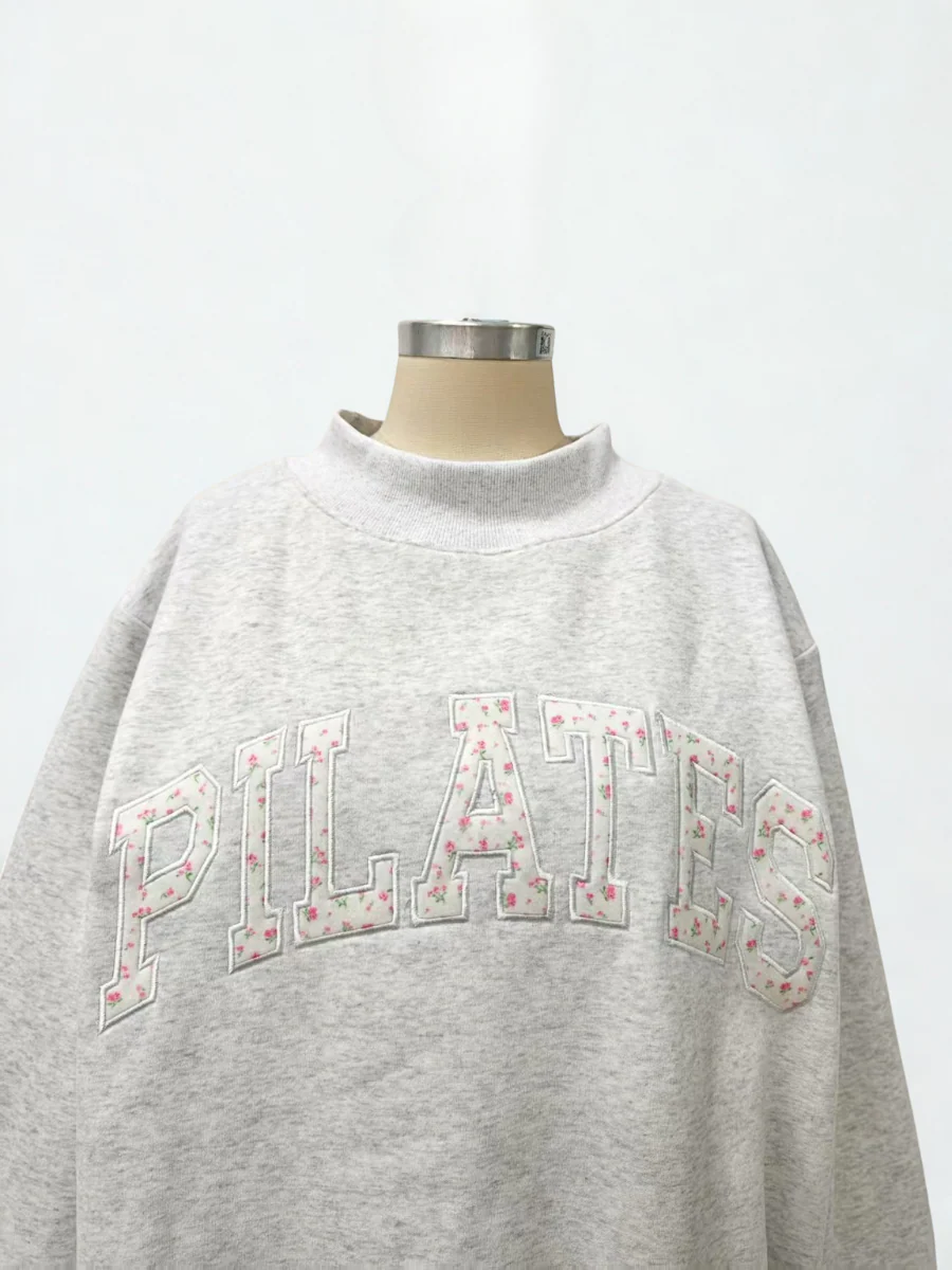 Pearl Grey Mockneck Pilates Embroider Sweatshirt - Image 8