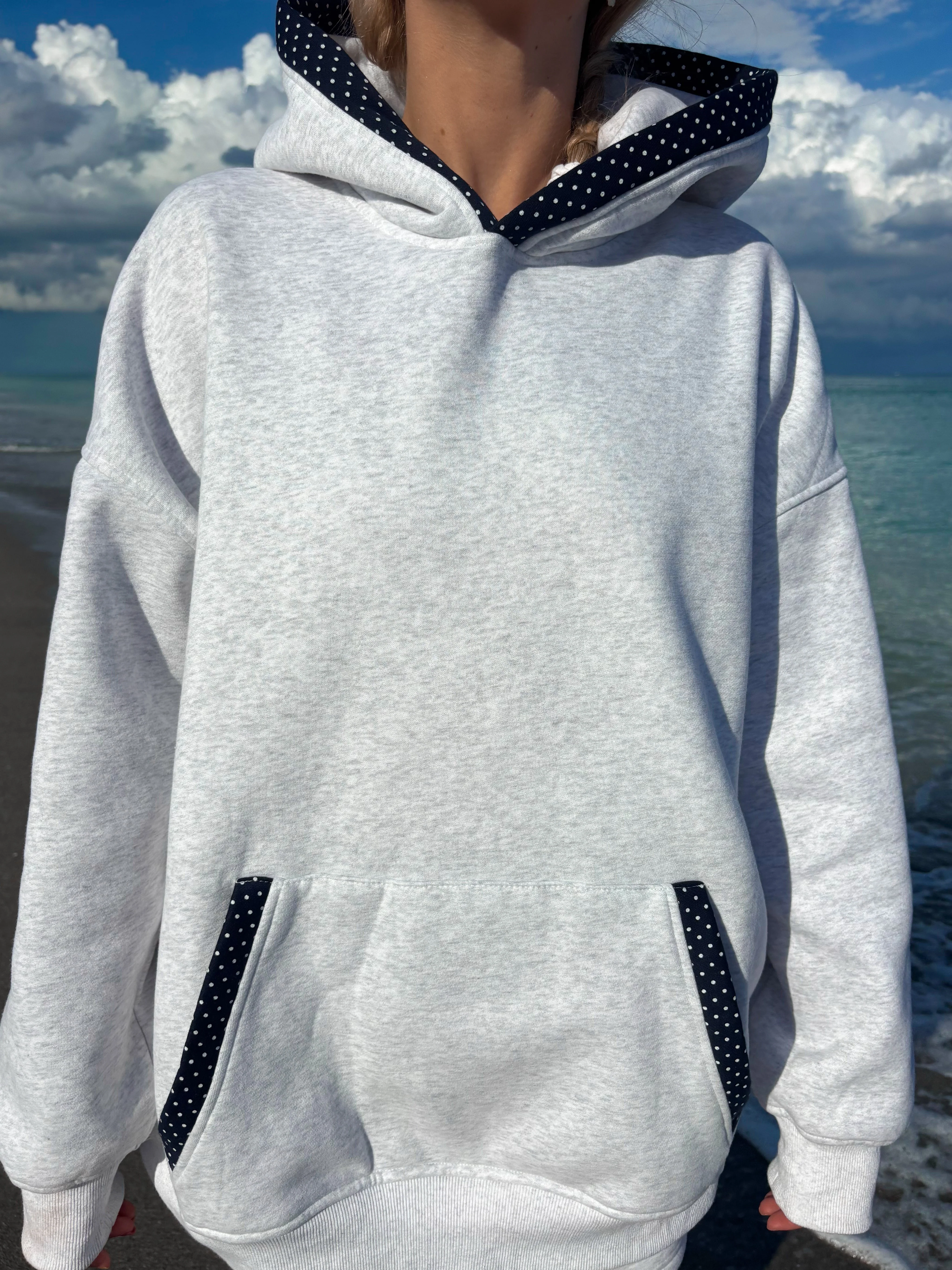 Pearl Grey Navy Blue Polka Dot Hoodie - Image 10