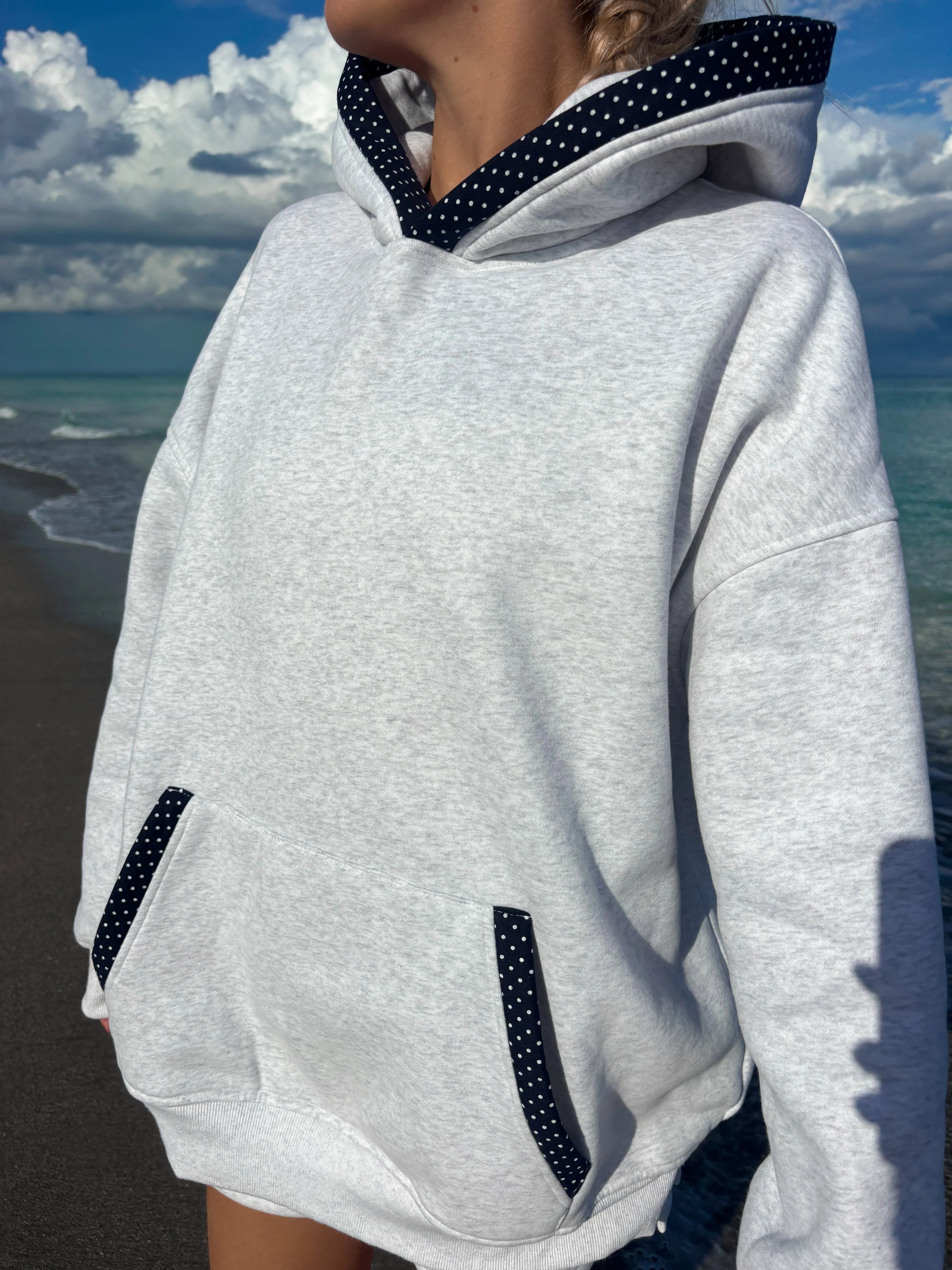 Pearl Grey Navy Blue Polka Dot Hoodie - Image 11