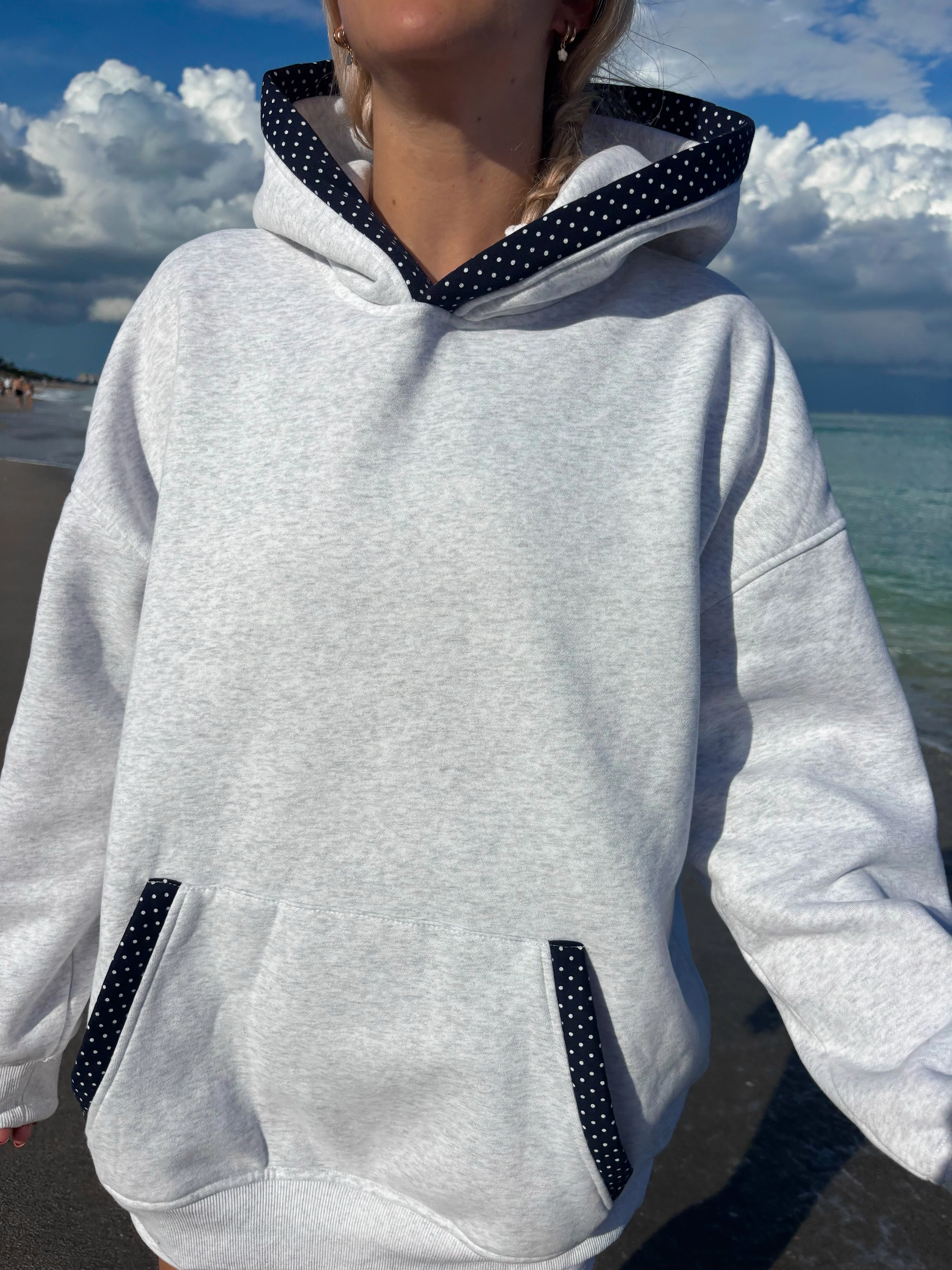 Pearl Grey Navy Blue Polka Dot Hoodie - Image 12