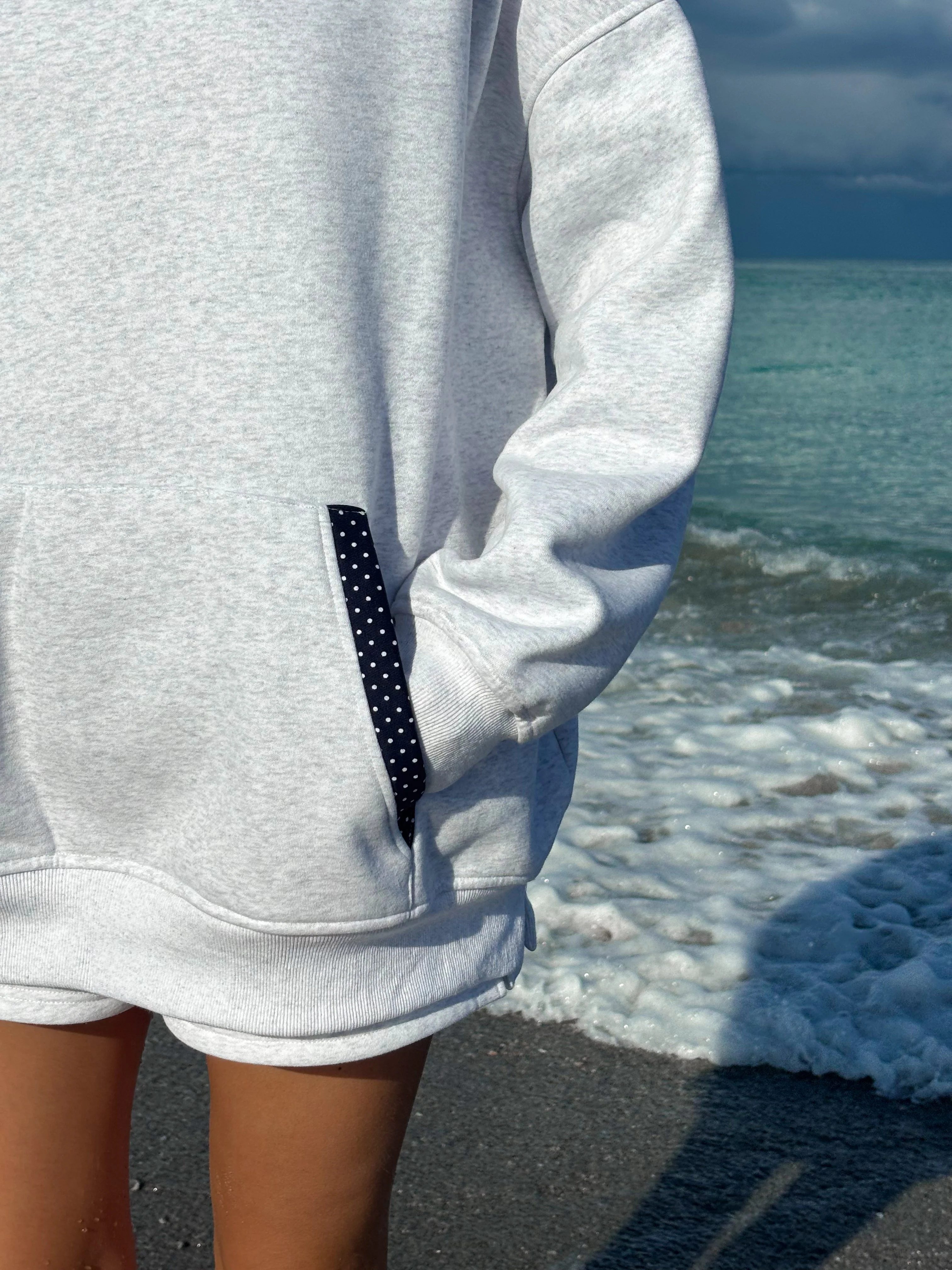 Pearl Grey Navy Blue Polka Dot Hoodie - Image 17