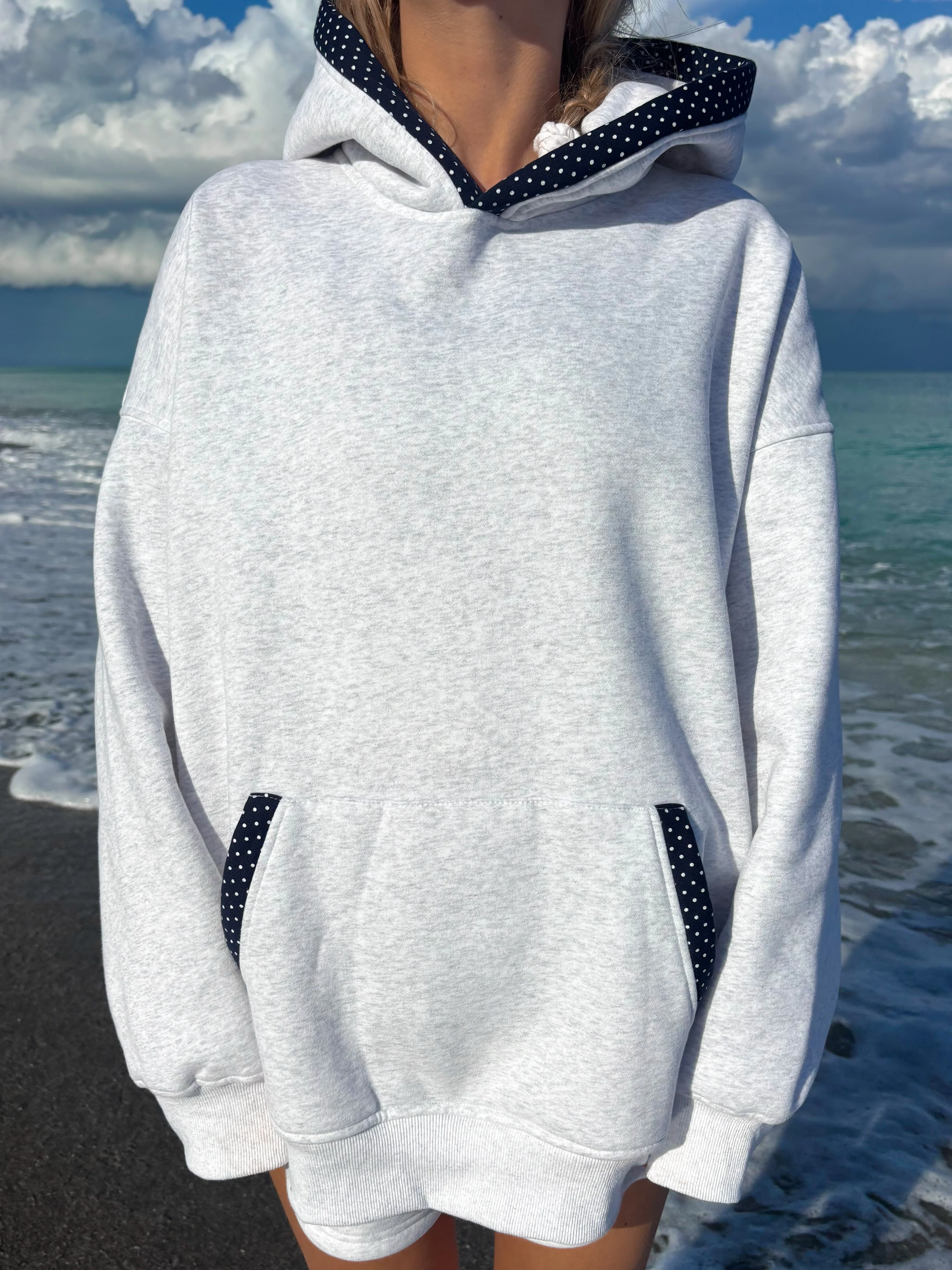 Pearl Grey Navy Blue Polka Dot Hoodie - Image 19