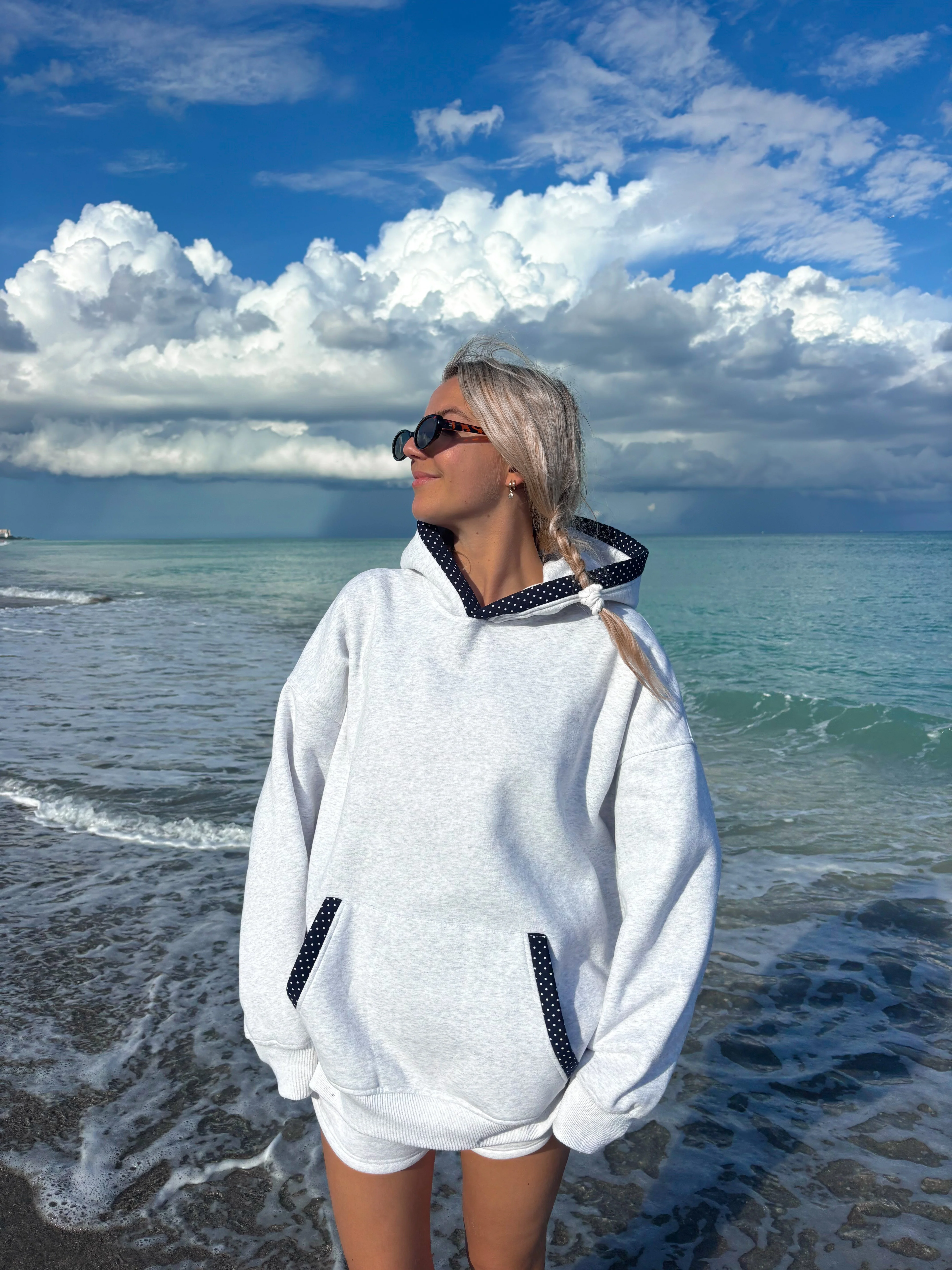 Pearl Grey Navy Blue Polka Dot Hoodie - Image 2