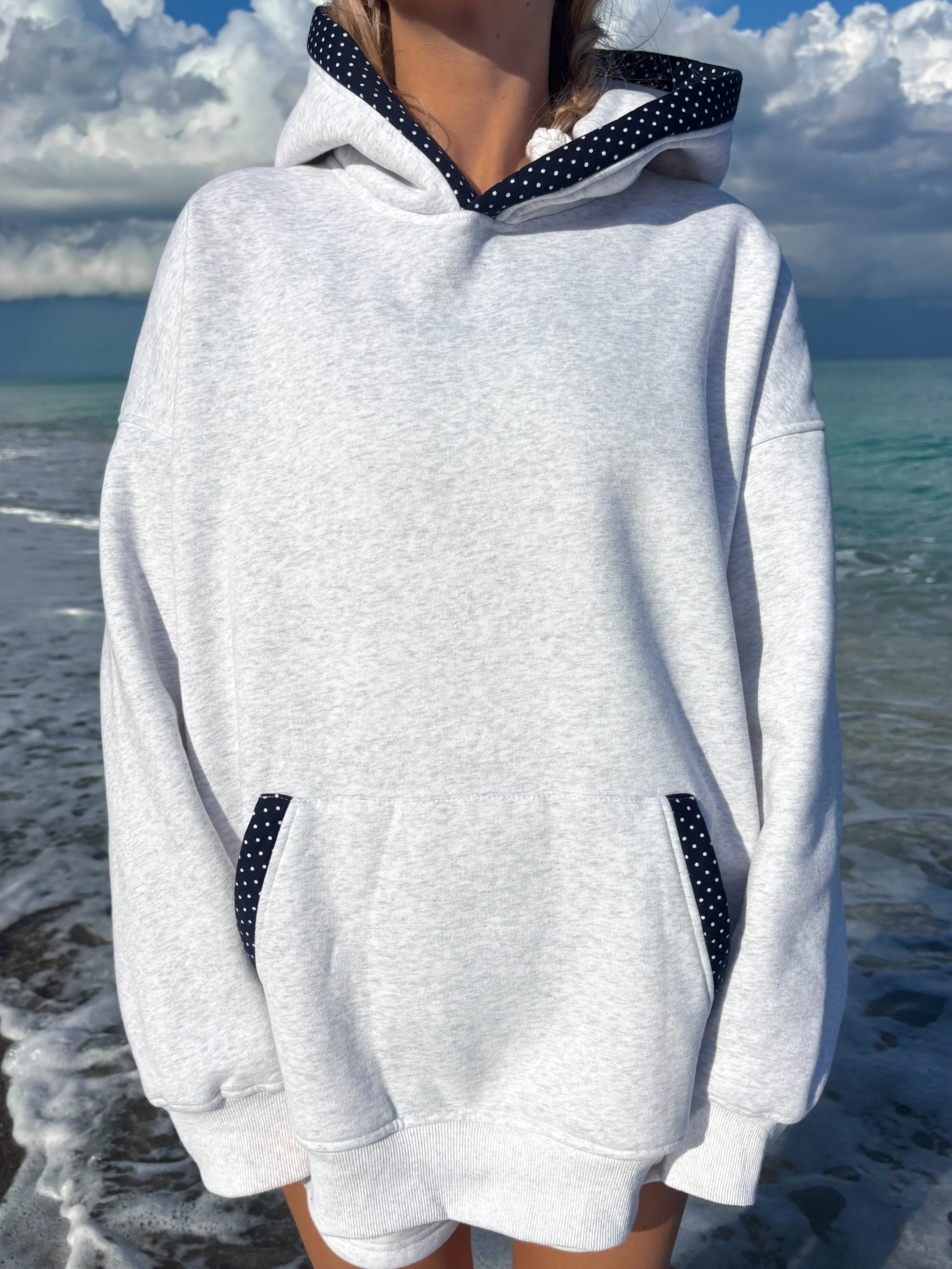 Pearl Grey Navy Blue Polka Dot Hoodie - Image 20