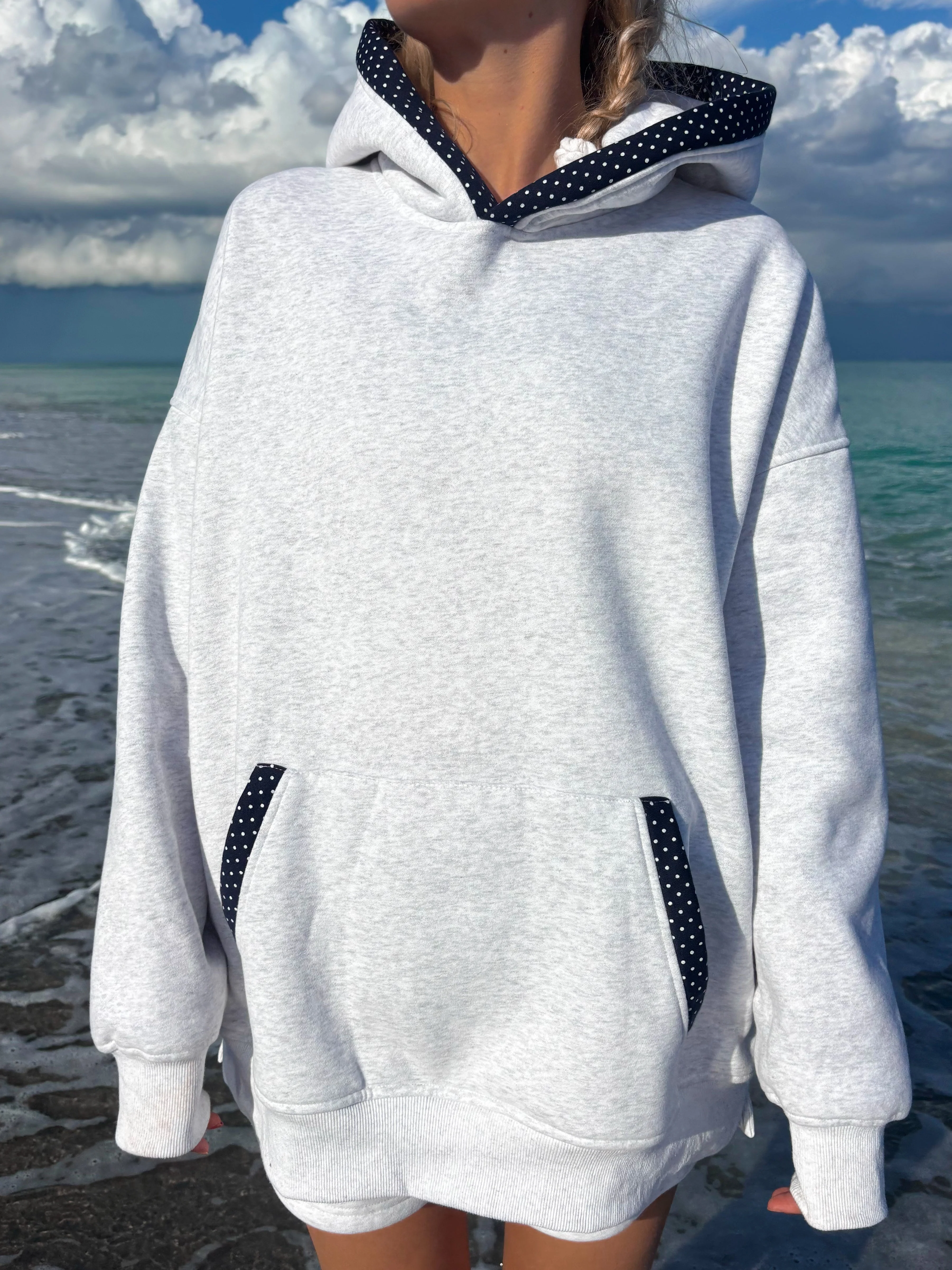 Pearl Grey Navy Blue Polka Dot Hoodie - Image 21