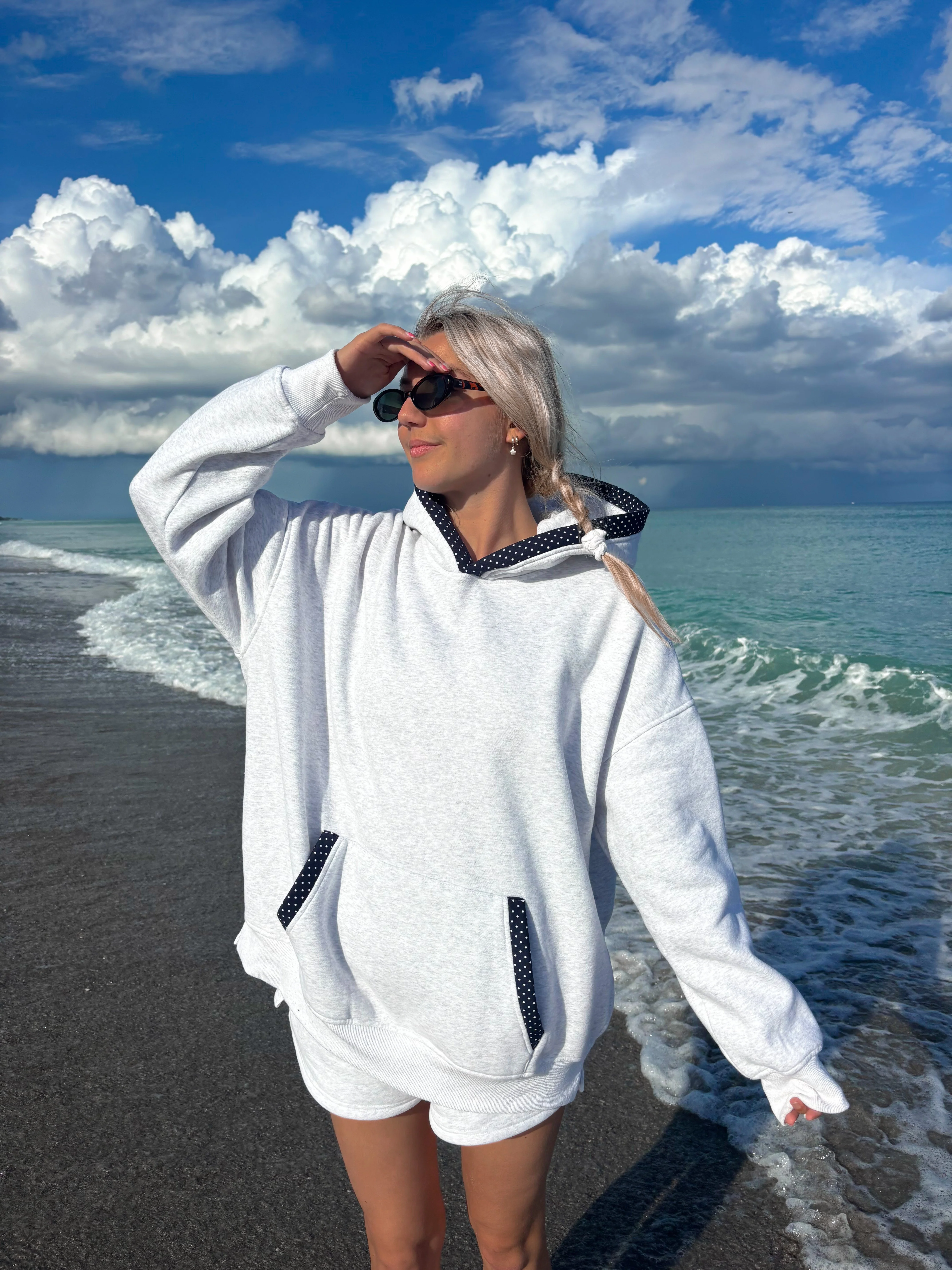 Pearl Grey Navy Blue Polka Dot Hoodie - Image 22