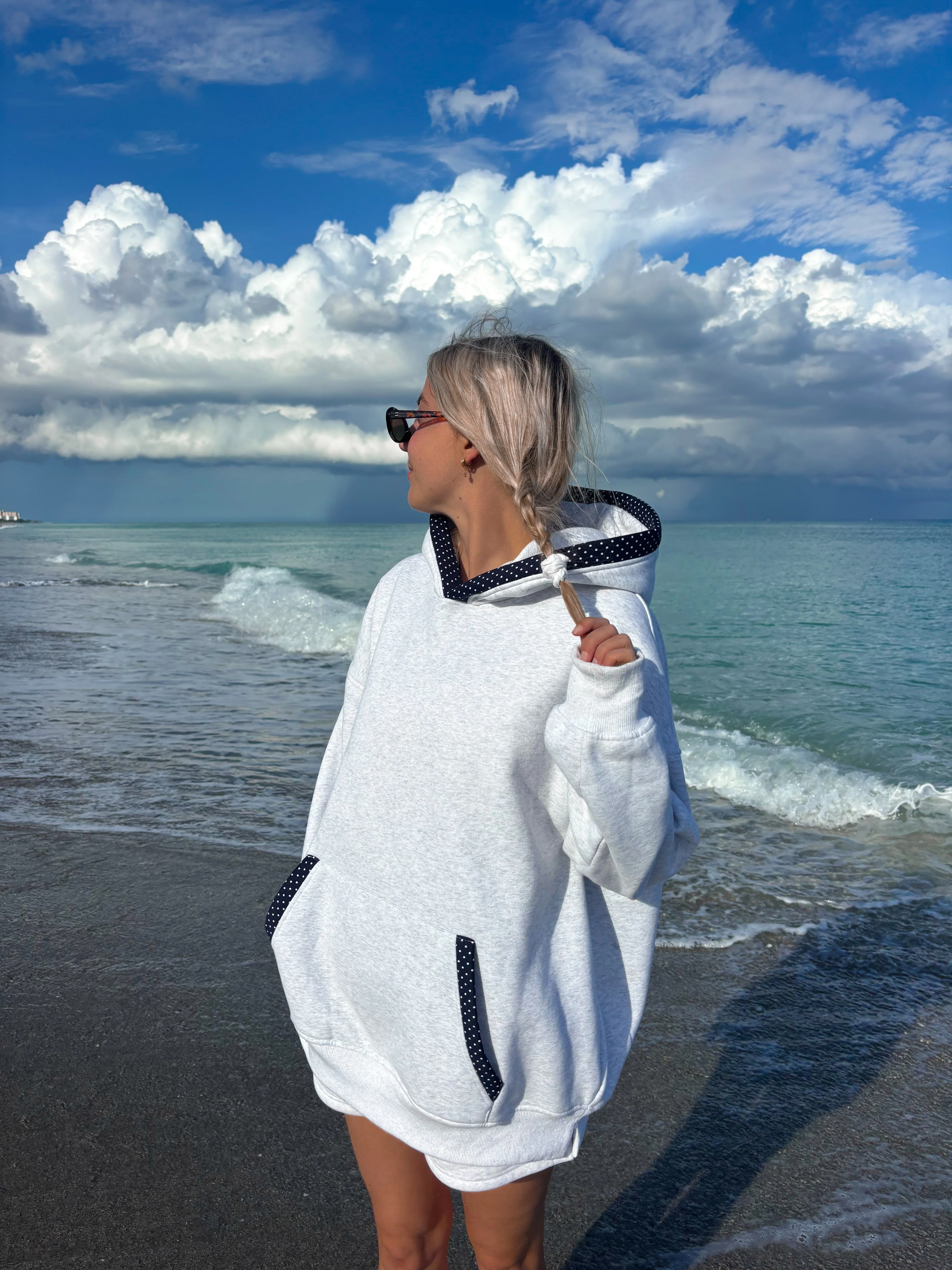 Pearl Grey Navy Blue Polka Dot Hoodie - Image 23