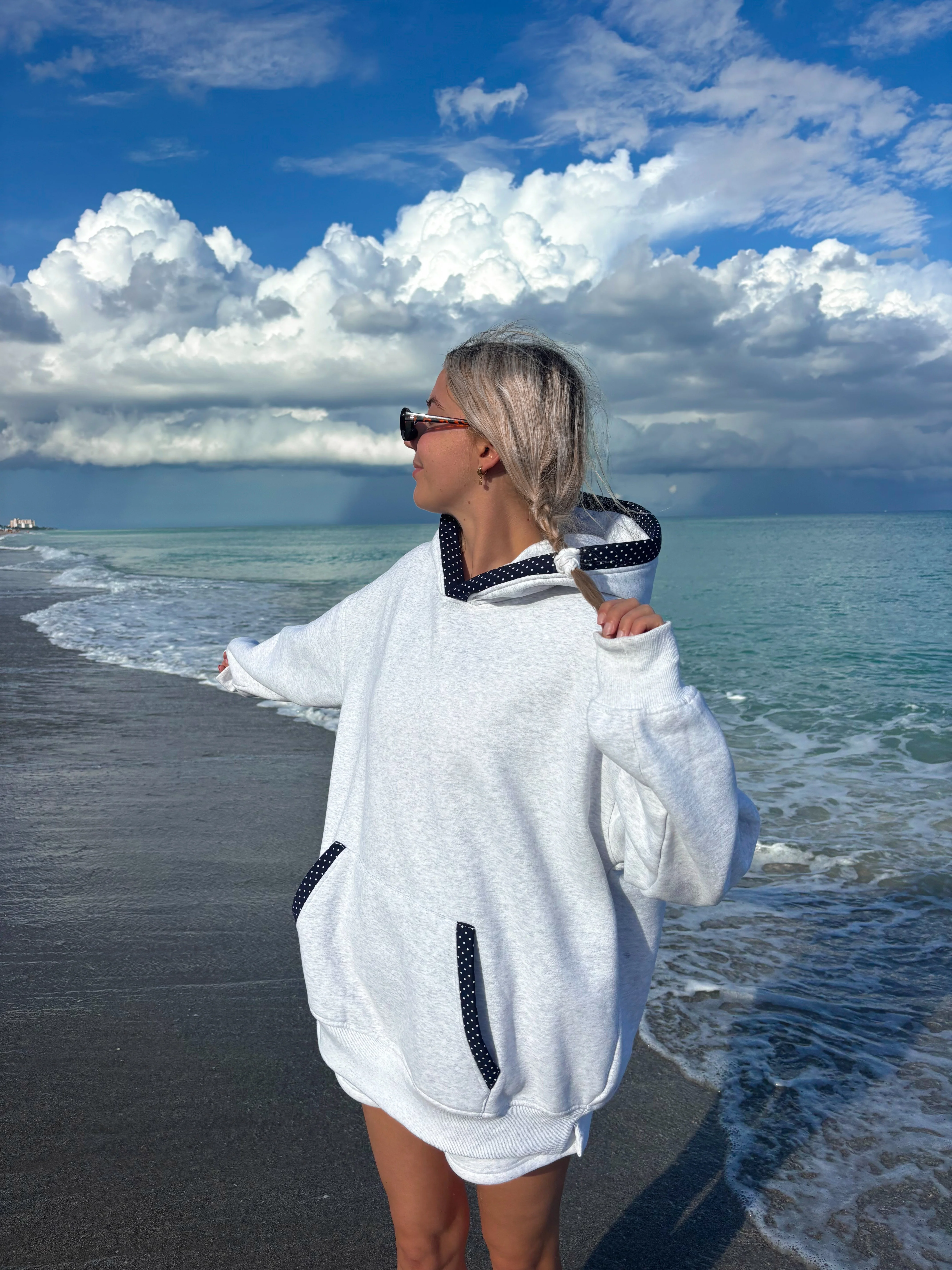 Pearl Grey Navy Blue Polka Dot Hoodie - Image 24